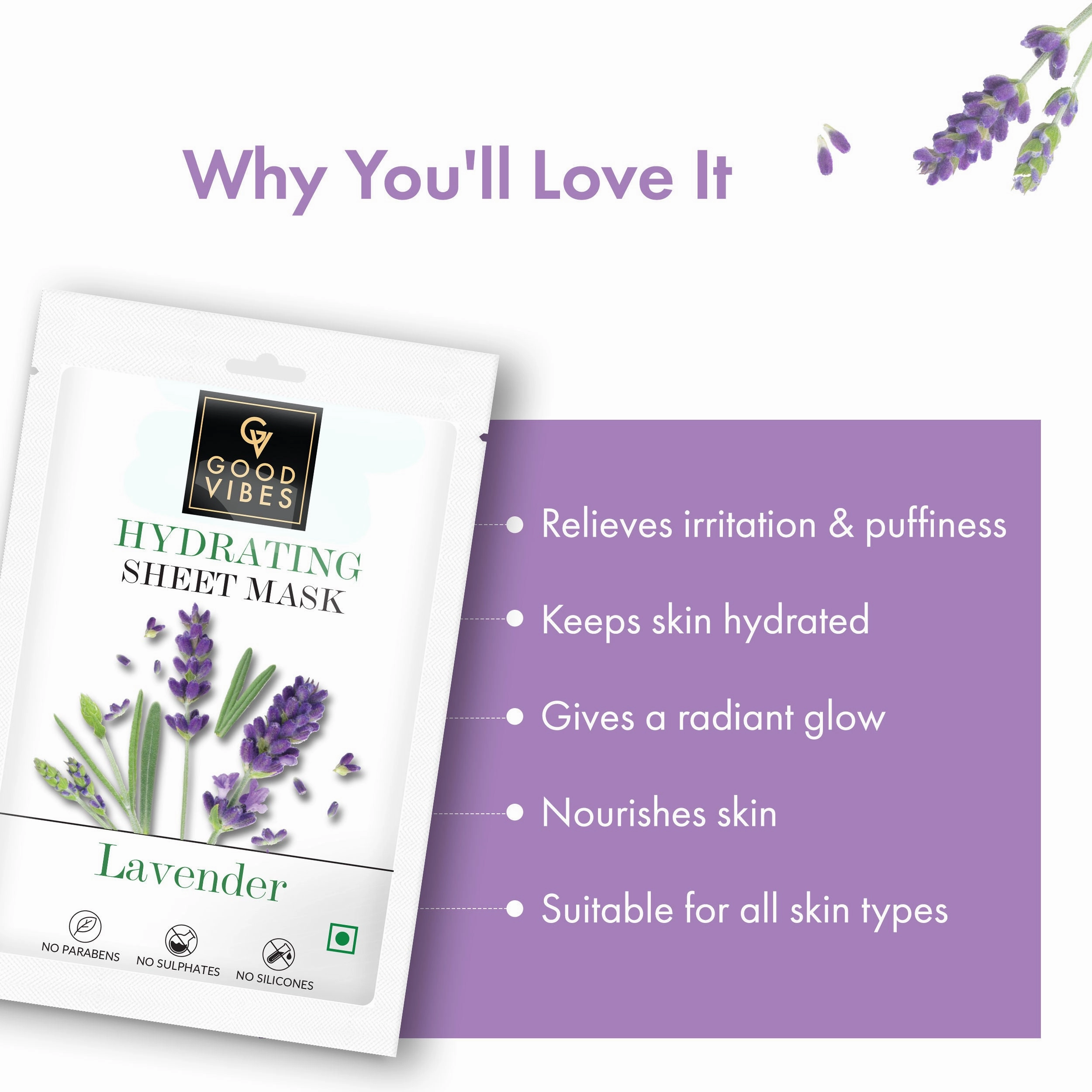 Good Vibes Lavender Hydrating Sheet Mask | Light-weight, Soothing, Brightening, No Animal Testing (20 ml)