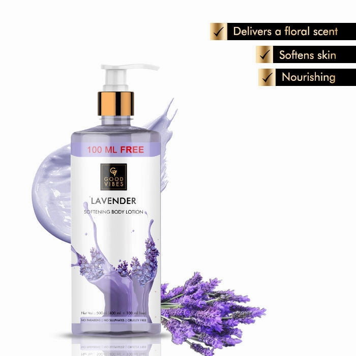 Good Vibes Lavender Softening Body Lotion | Anti-Acne, Anti-Ageing | No Parabens, No Sulphates, No Animal Testing (400ml   100 ml free)