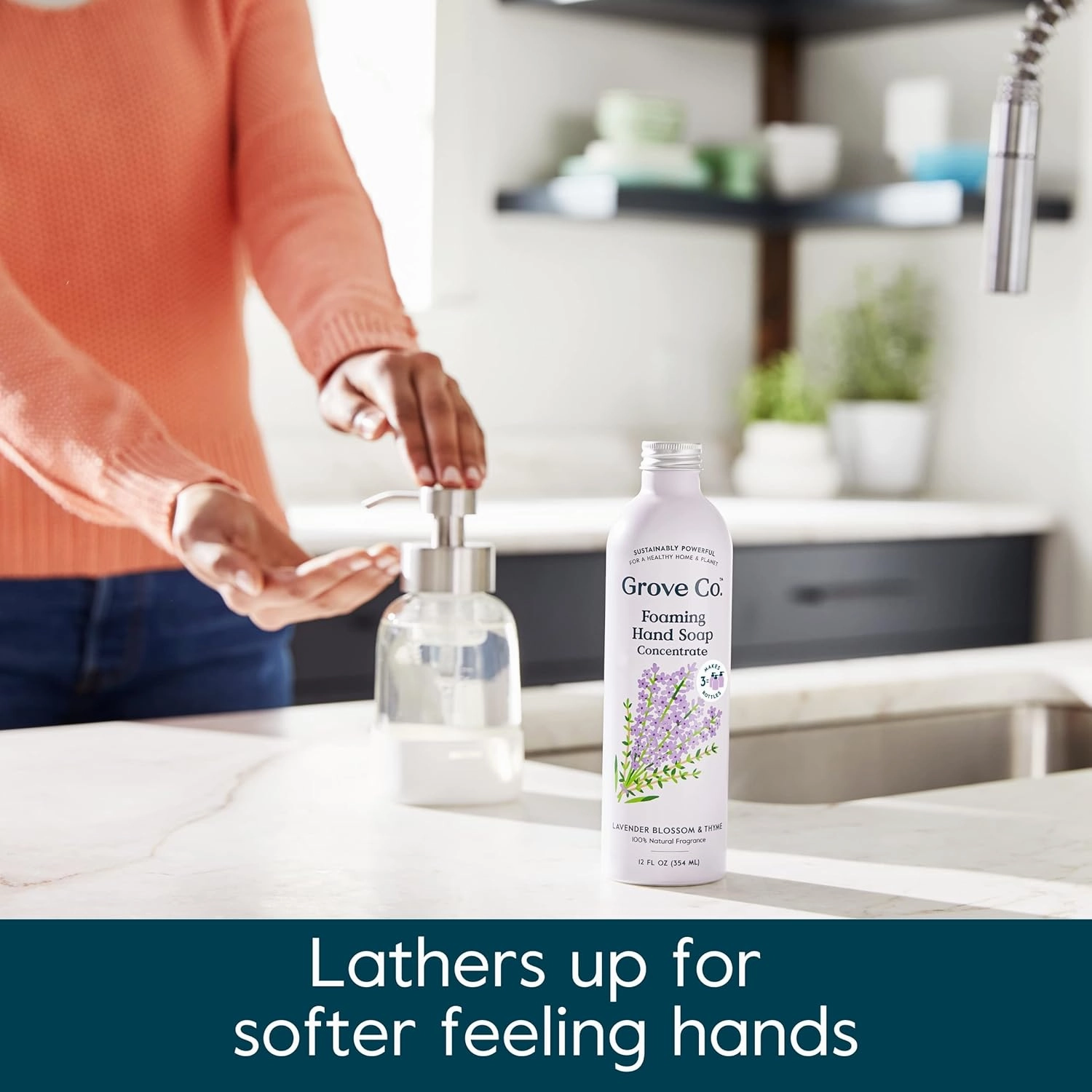 Grove Co. Hydrating Foaming Hand Soap Refills (2 x 12 Oz), Moisturizing Hand Wash, No Plastic or Parabens, Cruelty Free, 100% Natural Lavender Blossom & Thyme Scent (Pack of 2)
