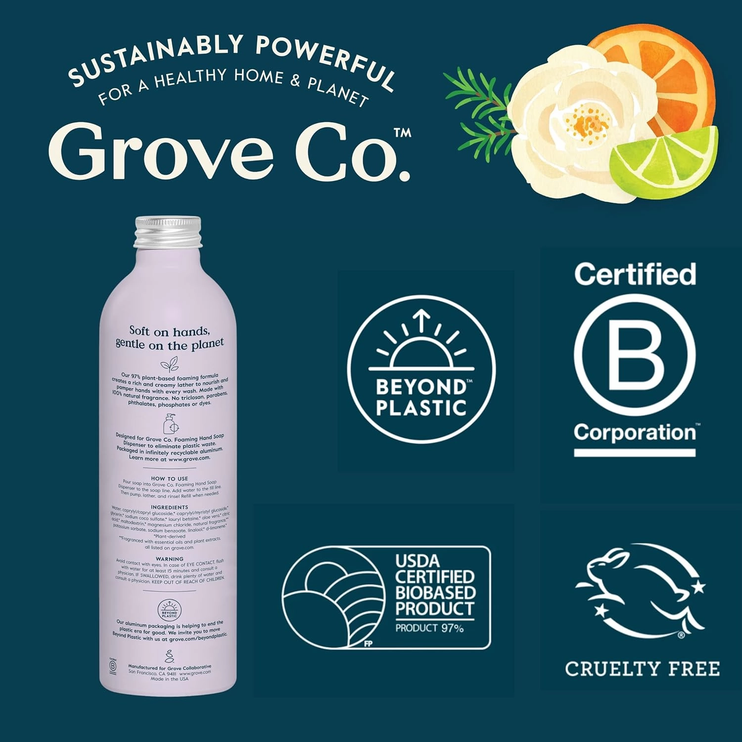 Grove Co. Hydrating Foaming Hand Soap Refills (2 x 12 Oz), Moisturizing Hand Wash, No Plastic or Parabens, Cruelty Free, 100% Natural Lavender Blossom & Thyme Scent (Pack of 2)