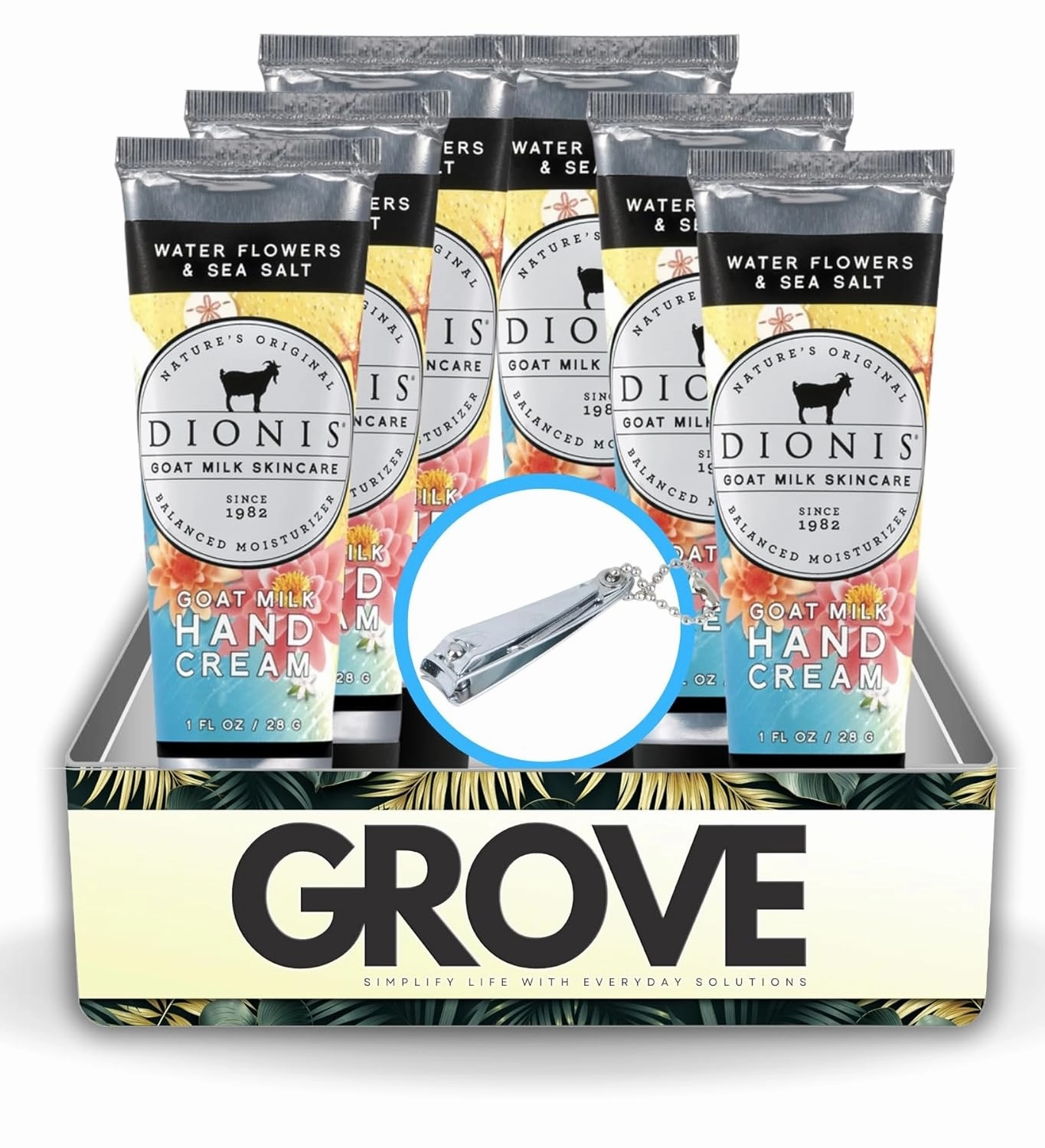 GROVE Goat Milk Water Flowers and Sea Salt Scent Hand Cream 1 oz Bundle with Nail Clipper - Nourishing Goat Milk Hand Cream for Hydrated Skin - Revitalizing Goat Milk Cream for Soft Skin - (7 Items)