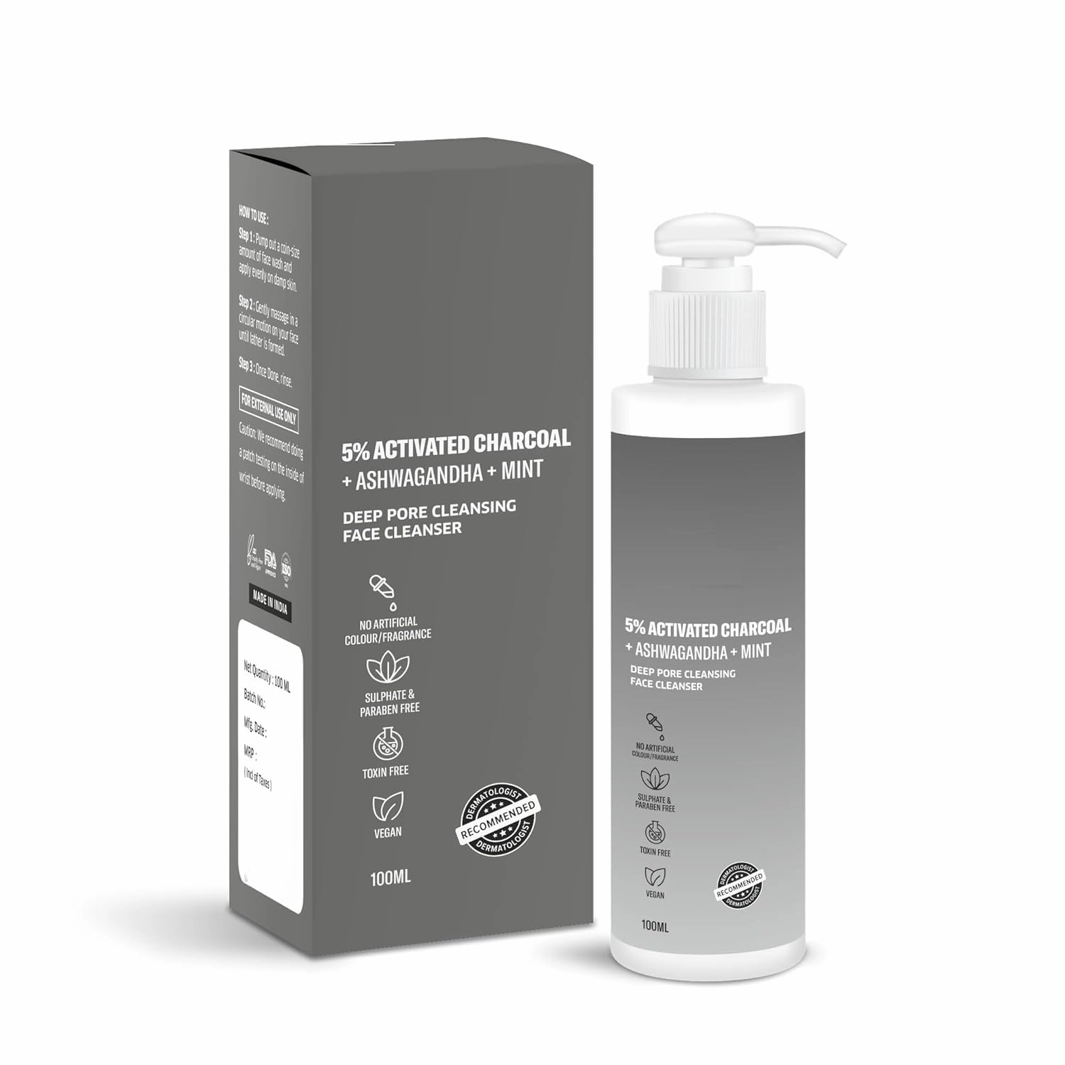 GT 5% Activated Charcoal Face Wash with Mint & Ashwagandha | Deep Pore Cleansing Face Cleanser | For Oily, Combination & Acne Prone Skin | 100ml