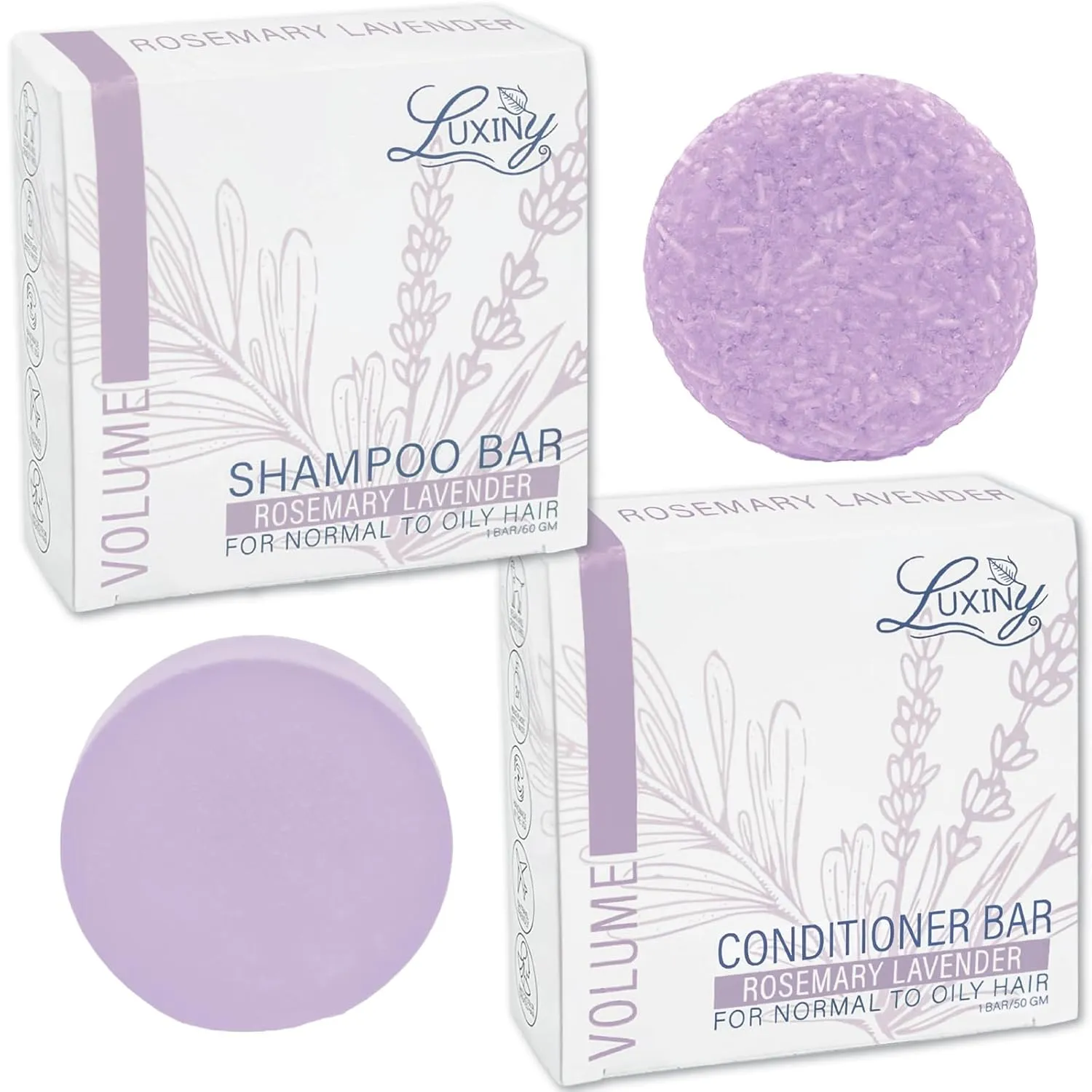 Hair Shampoo and Conditioner Set - Sulfate Free Lavender Bars, Made in USA (1 Shampoo Bar 60g, 1 Deep Conditioner Bar 50g)