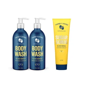 Hand in Hand Refresher Bundle, Body Wash 10 FL Oz. (2 Pack), with Sugar Scrub 9 Oz. (Single), Island Mimosa Scent