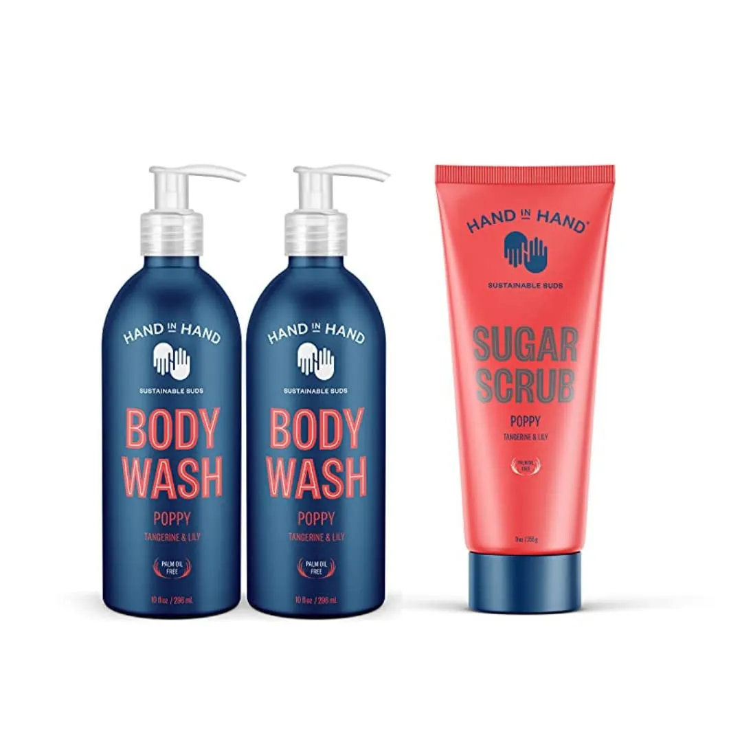 Hand in Hand Refresher Bundle, Body Wash 10 FL Oz. (2 Pack), with Sugar Scrub 9 Oz. (Single), Poppy Scent