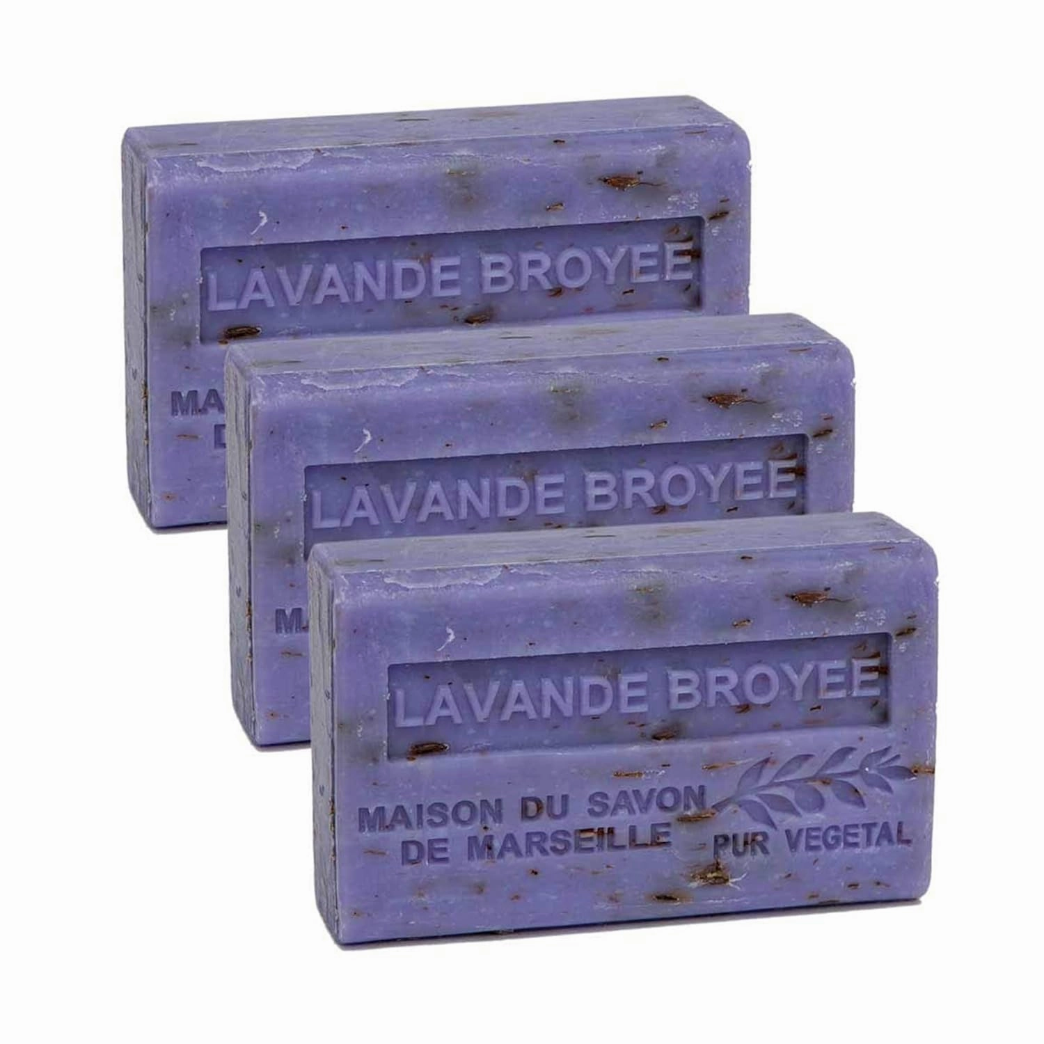 Hand & Body Soap Bars Trio - Exfoliating Lavender Moisturizing French Soap with Organic Shea Butter - Rich Creamy Lather - 97% Natural Ingredients - Solid Bath Cleanser Made in Provence - 3x4.4 oz