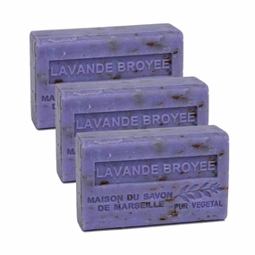 Hand & Body Soap Bars Trio - Exfoliating Lavender Moisturizing French Soap with Organic Shea Butter - Rich Creamy Lather - 97% Natural Ingredients - Solid Bath Cleanser Made in Provence - 3x4.4 oz