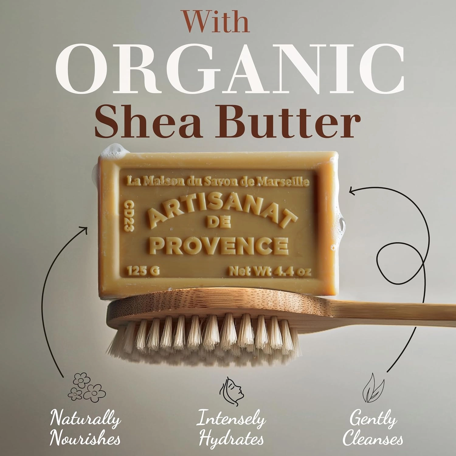 Hand & Body Soap Bars Trio - Exfoliating Lavender Moisturizing French Soap with Organic Shea Butter - Rich Creamy Lather - 97% Natural Ingredients - Solid Bath Cleanser Made in Provence - 3x4.4 oz