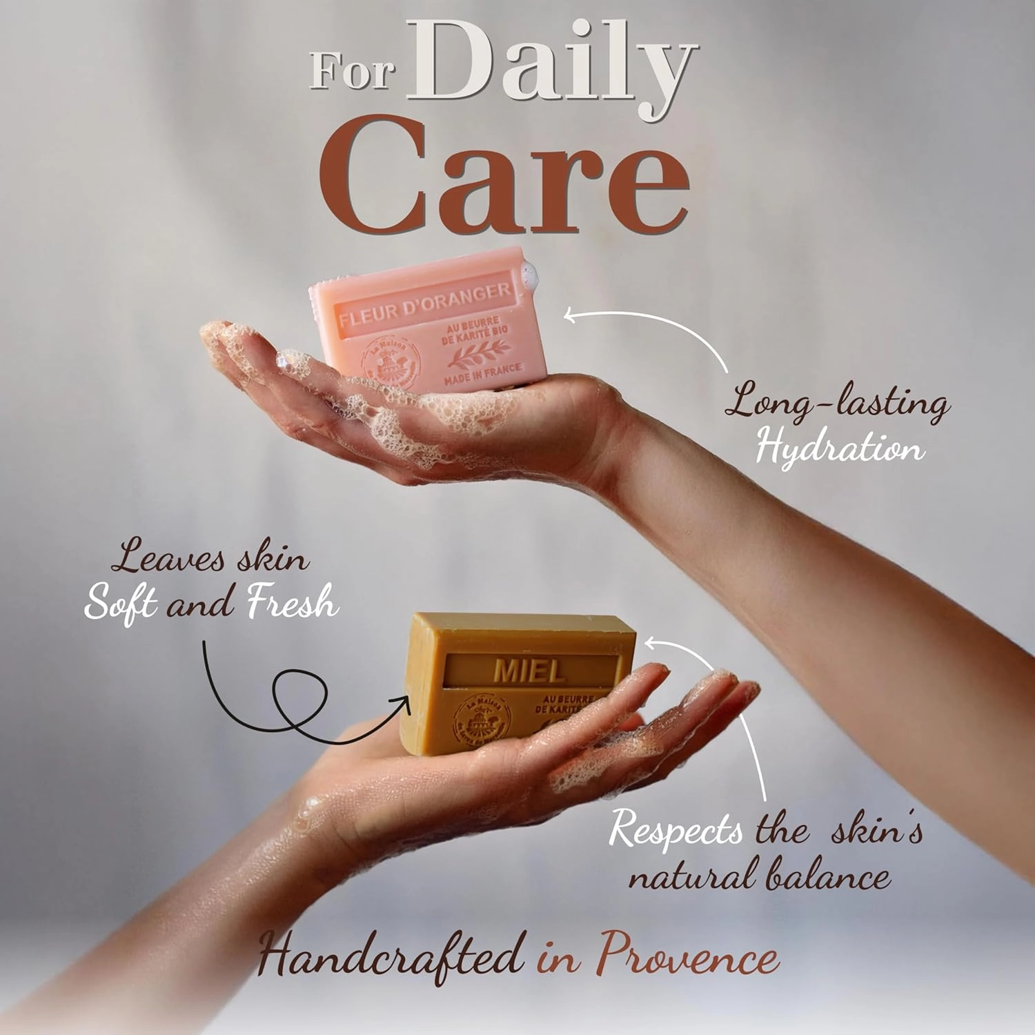 Hand & Body Soap Bars Trio - Exfoliating Lavender Moisturizing French Soap with Organic Shea Butter - Rich Creamy Lather - 97% Natural Ingredients - Solid Bath Cleanser Made in Provence - 3x4.4 oz