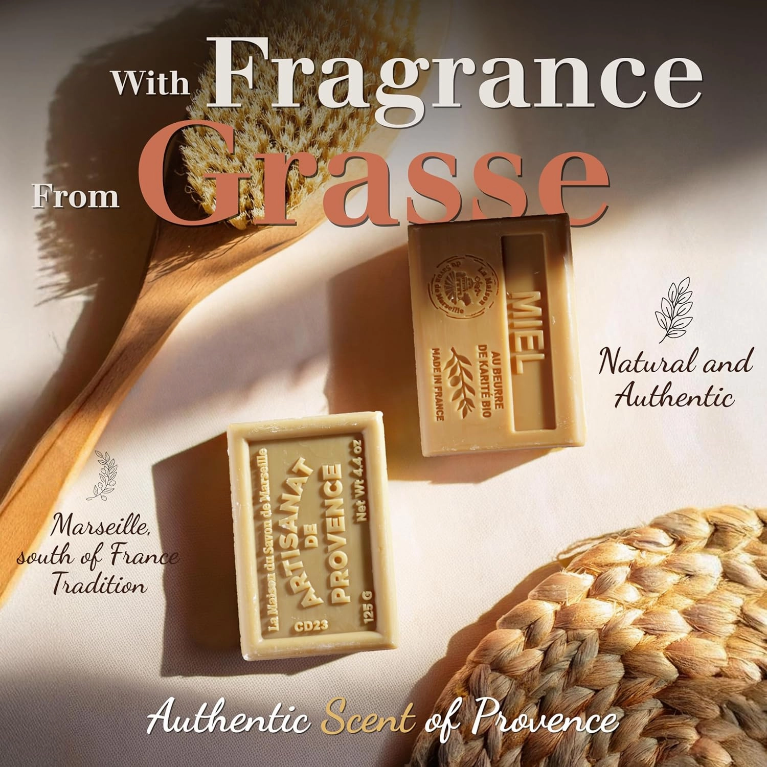 Hand & Body Soap Bars Trio - Exfoliating Lavender Moisturizing French Soap with Organic Shea Butter - Rich Creamy Lather - 97% Natural Ingredients - Solid Bath Cleanser Made in Provence - 3x4.4 oz