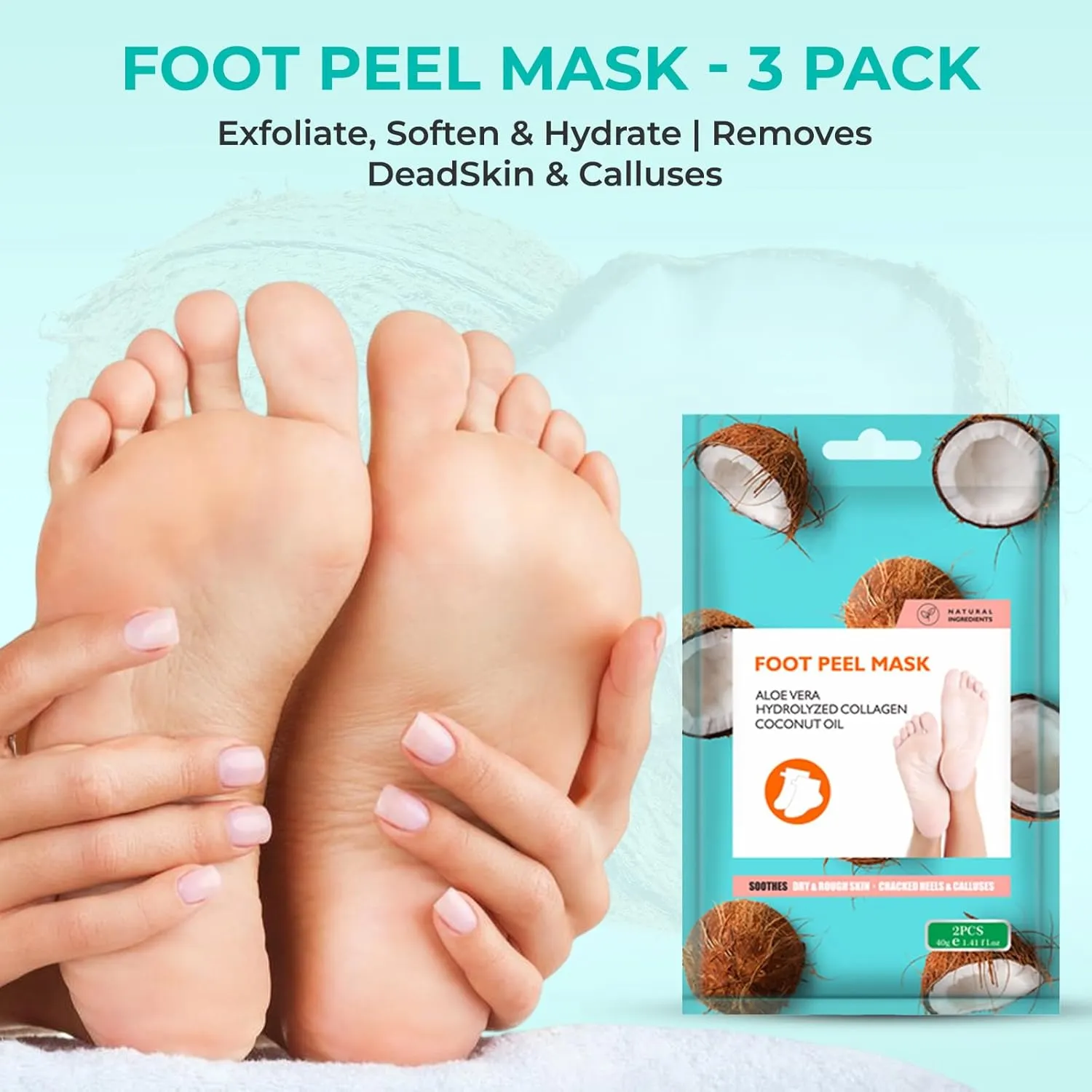 Happy Feet Foot Peel Mask Coconut, 03 Packs Original Exfoliant Foot Peel Mask, Callus Remover for Rough Cracked Dry Feet Dead Skin