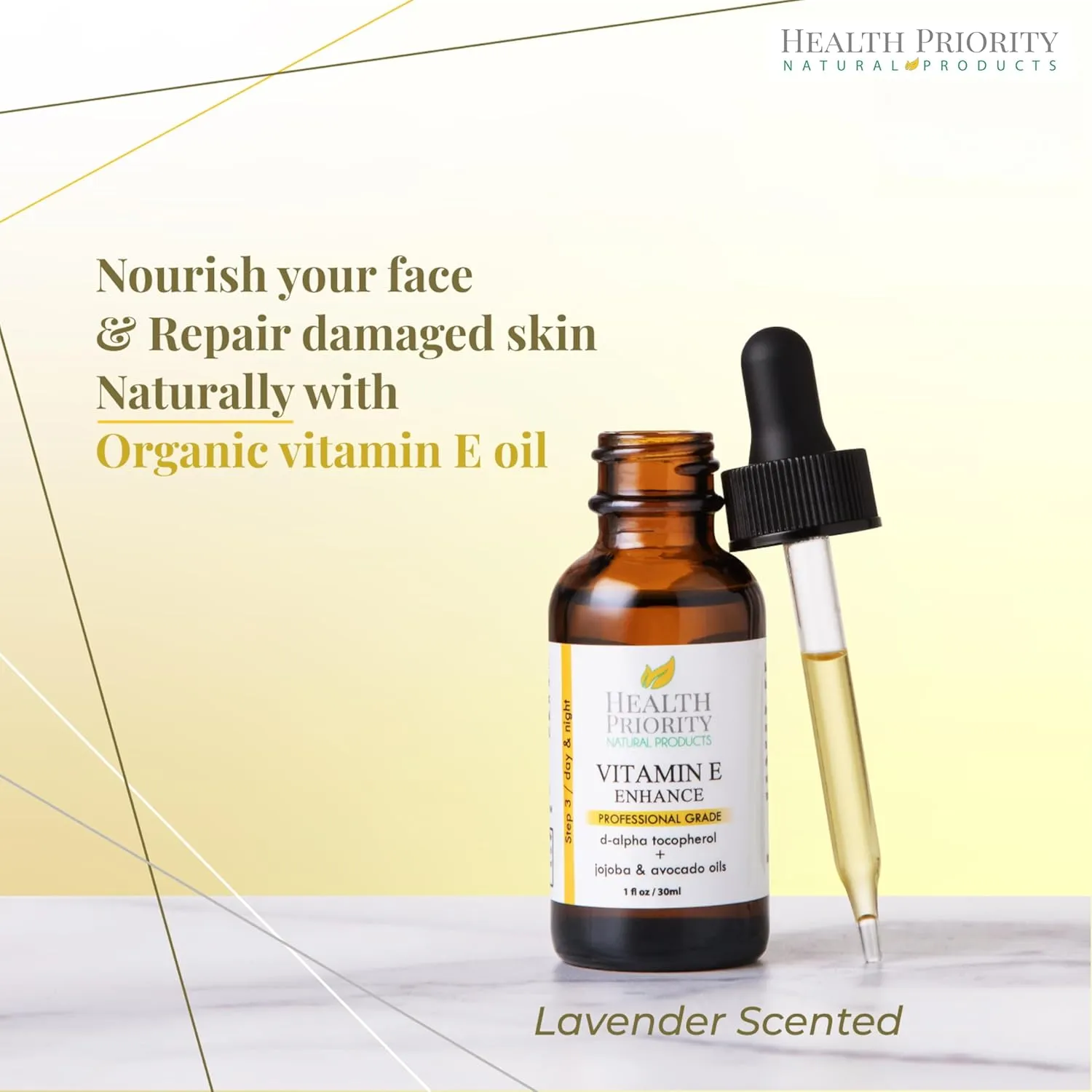 Health Priority Organic Vitamin E Oil for Skin & Scars - 15000 IU, 1 Fl Oz - Handmade in South Carolina, Non-GMO, Gluten & Cruelty Free, Vegan - Lavender Scented