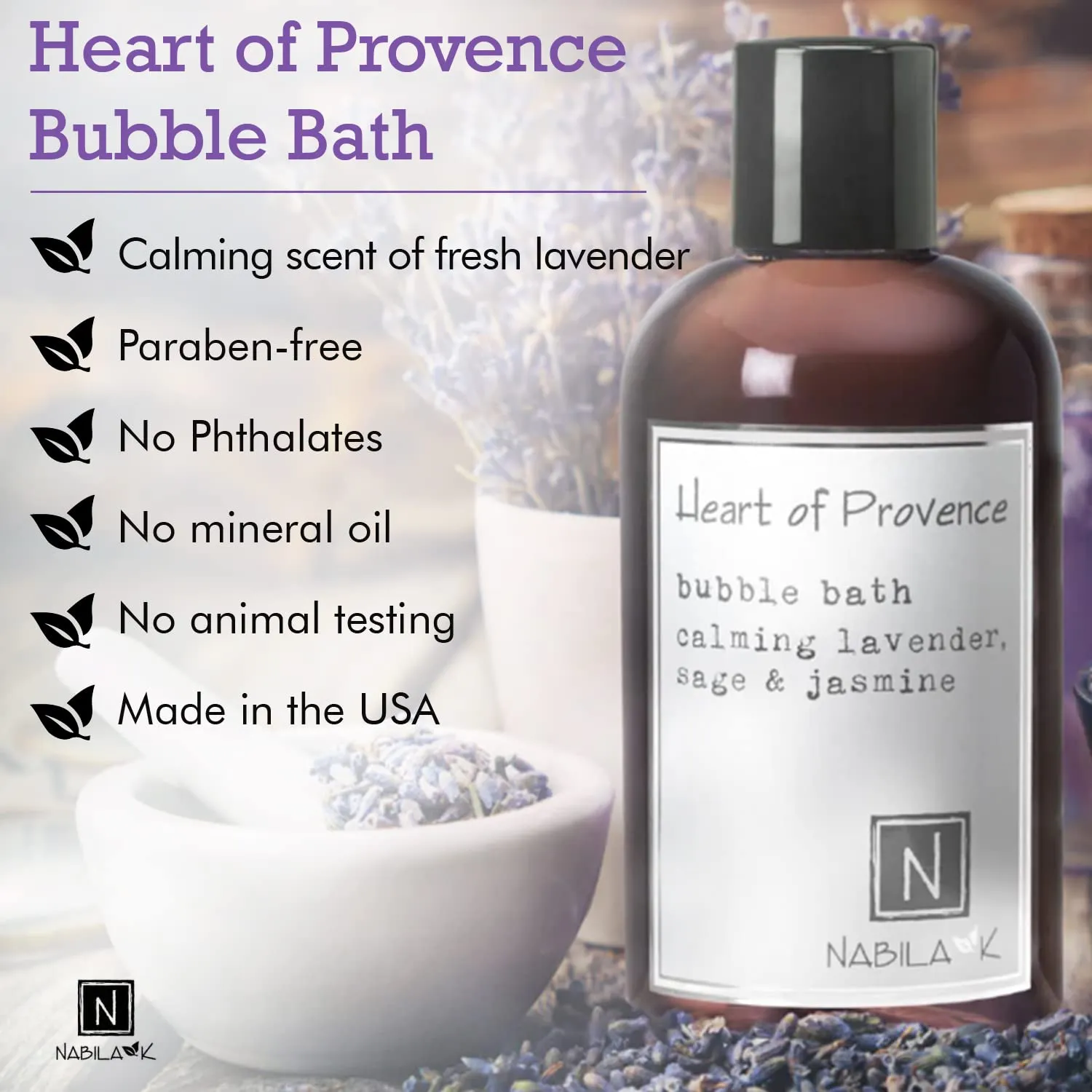 Heart of Provence Bubble Bath with Lavender, Sage & Jasmine Scent by Nabila K - Essential Oils, Natural Ingredients for Sensitive Skin, Gentle, Moisturizing - Luxury for Women & Men, 8 oz