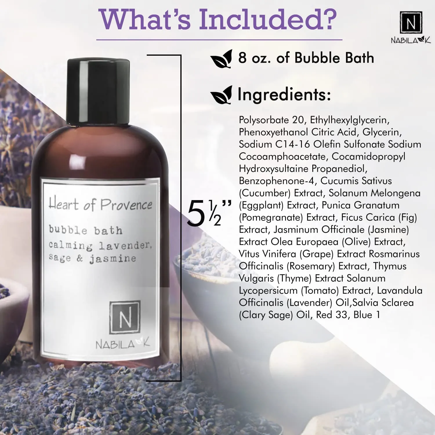 Heart of Provence Bubble Bath with Lavender, Sage & Jasmine Scent by Nabila K - Essential Oils, Natural Ingredients for Sensitive Skin, Gentle, Moisturizing - Luxury for Women & Men, 8 oz