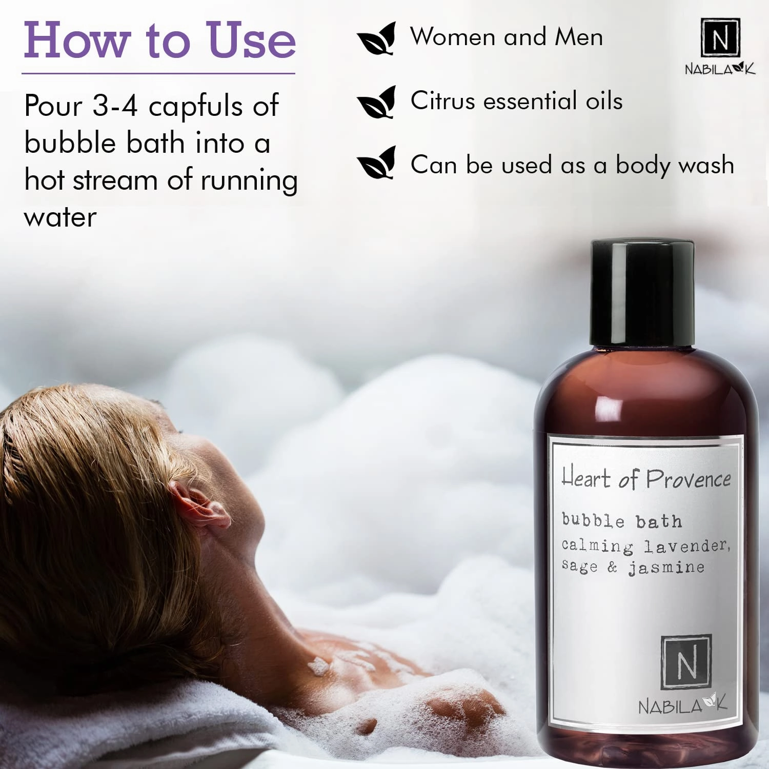 Heart of Provence Bubble Bath with Lavender, Sage & Jasmine Scent by Nabila K - Essential Oils, Natural Ingredients for Sensitive Skin, Gentle, Moisturizing - Luxury for Women & Men, 16 oz