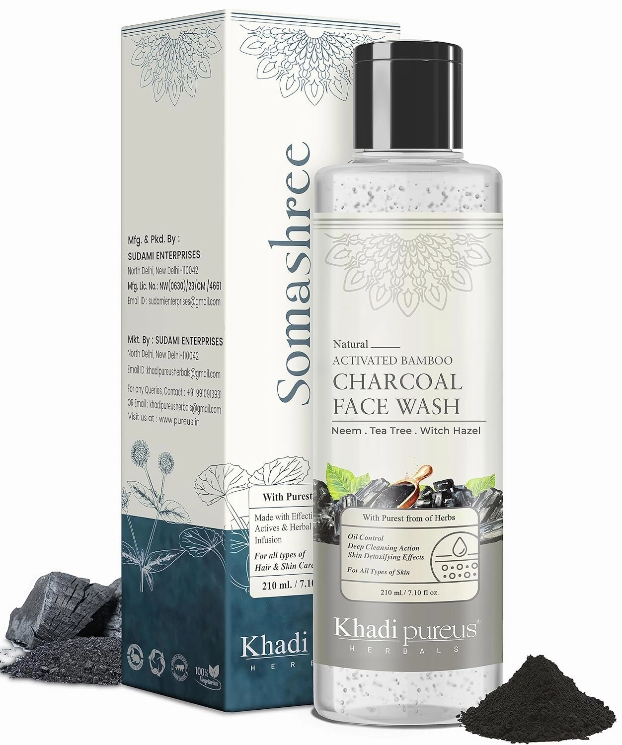 Herbals Somashree Activated Bamboo Charcoal Face Wash for Glowing Skin, Detoxifying, Oil Control & Reduce Acne Pimple | Pollution Cleanser for Women & Men (210 ml)