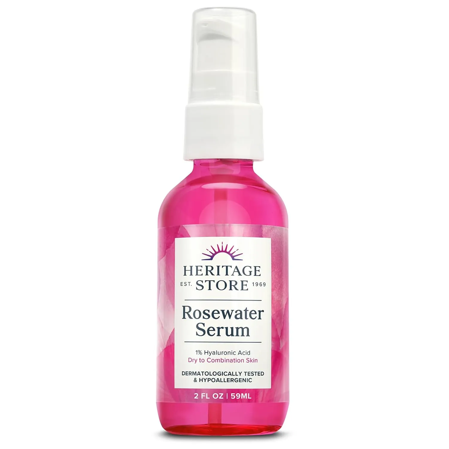 HERITAGE STORE Rosewater Facial Serum, 1% Hyaluronic Acid - Deep Hydration for Dry/Combination Skin Care - Minimizes Look of Fine Lines and Wrinkles, Adds a Natural Glow - Hypoallergenic, Vegan, 2oz