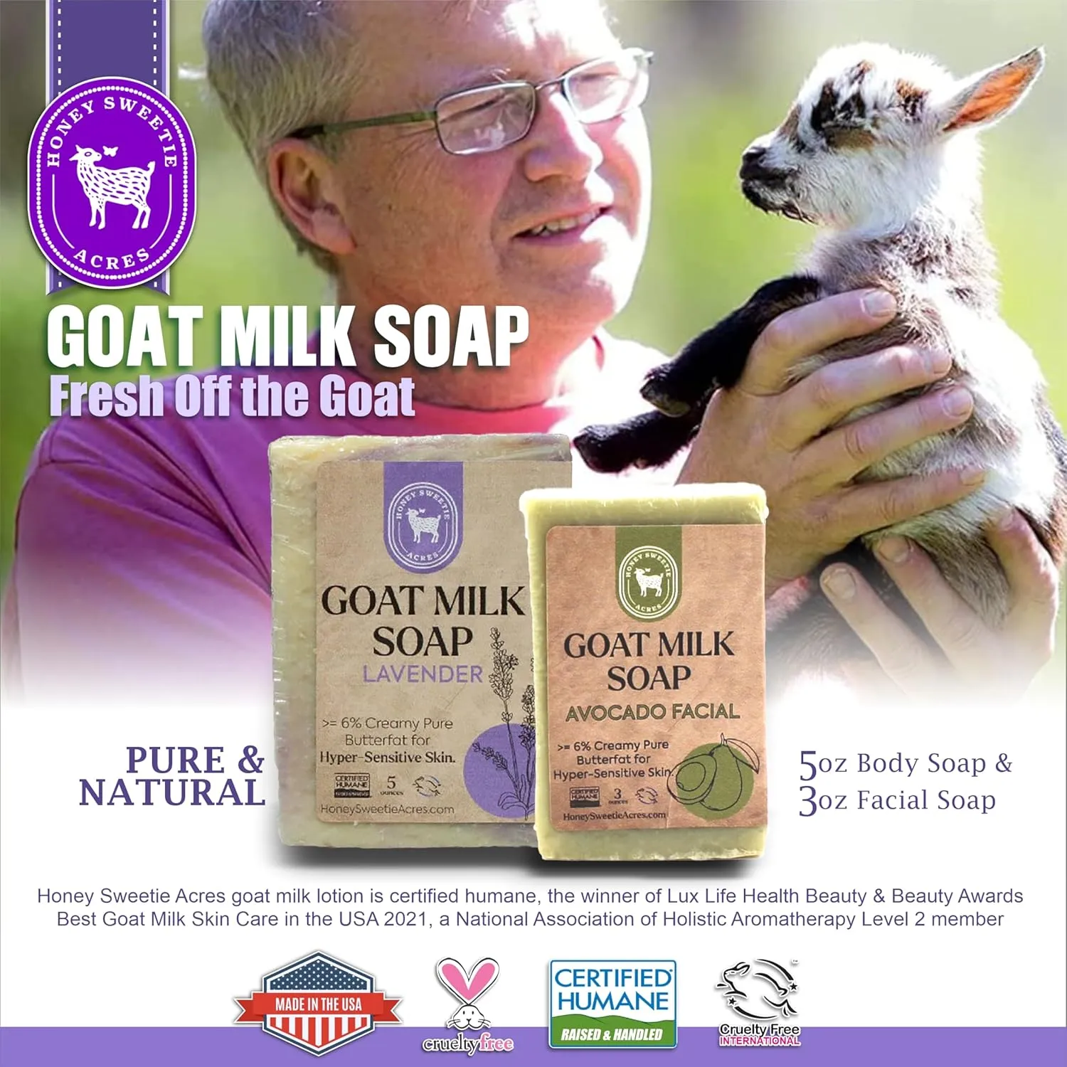 Honey Sweetie Acres Fresh of the Goat Face and Body Soap Bundle – 3 oz Avocado Facial Bar   5 oz Hydrating Lavender Goat Milk Soap – Handcrafted and Made in USA