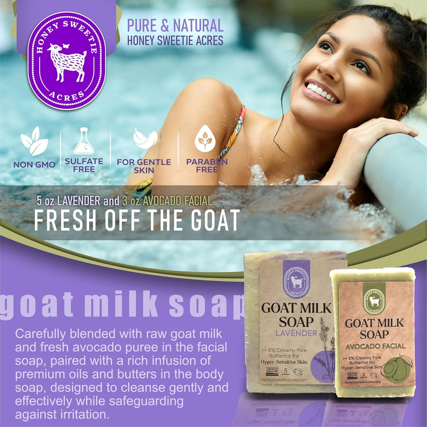Honey Sweetie Acres Fresh of the Goat Face and Body Soap Bundle – 3 oz Avocado Facial Bar   5 oz Hydrating Lavender Goat Milk Soap – Handcrafted and Made in USA