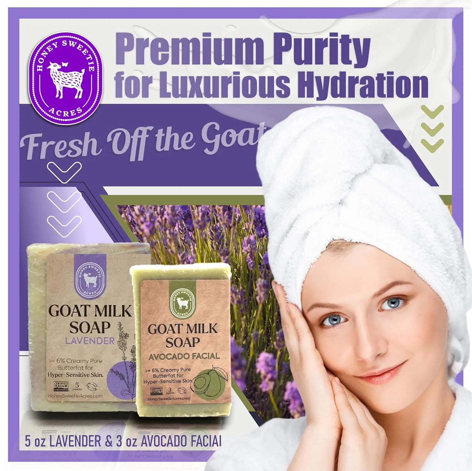 Honey Sweetie Acres Fresh of the Goat Face and Body Soap Bundle – 3 oz Avocado Facial Bar   5 oz Hydrating Lavender Goat Milk Soap – Handcrafted and Made in USA