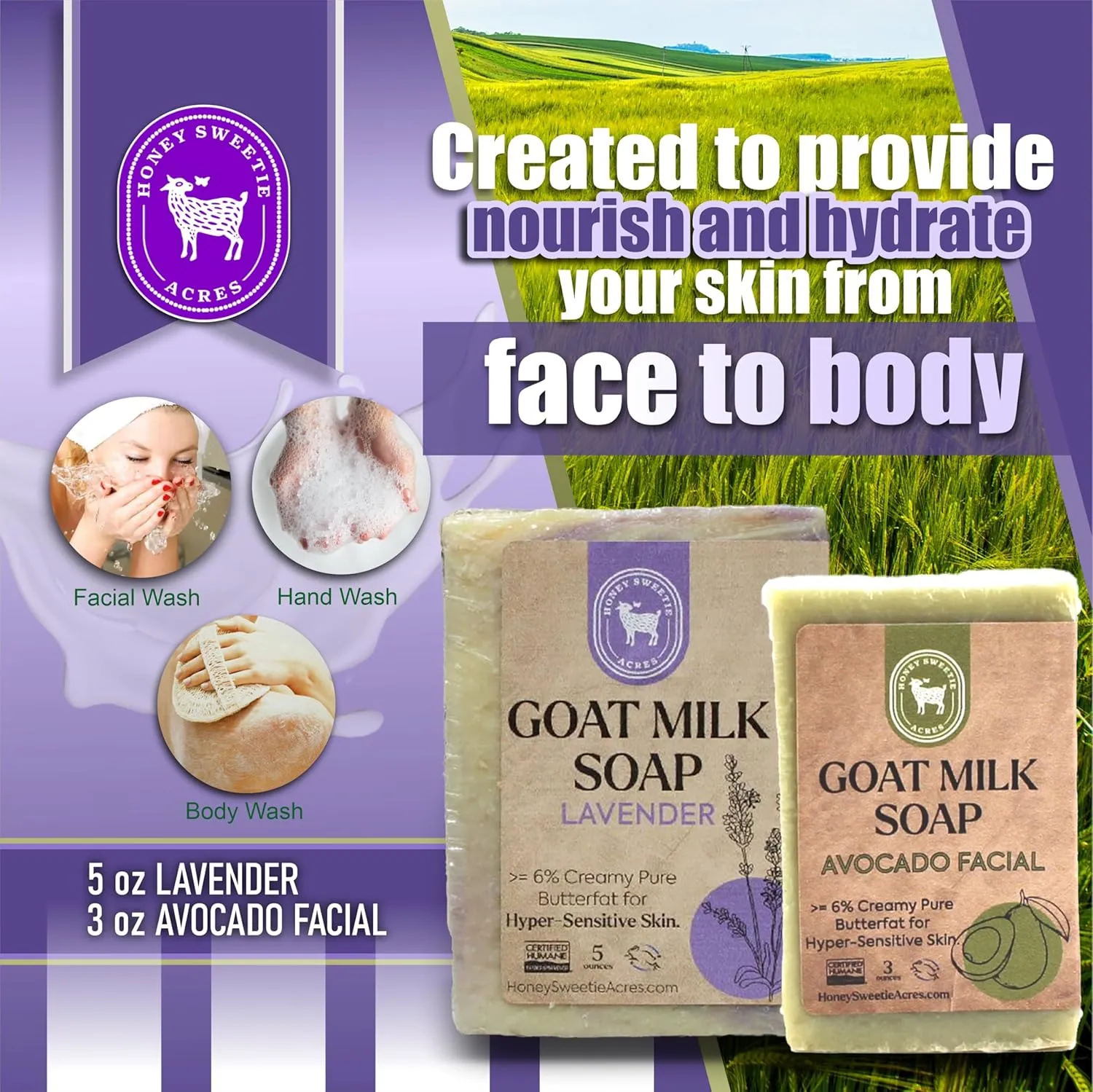 Honey Sweetie Acres Fresh of the Goat Face and Body Soap Bundle – 3 oz Avocado Facial Bar   5 oz Hydrating Lavender Goat Milk Soap – Handcrafted and Made in USA