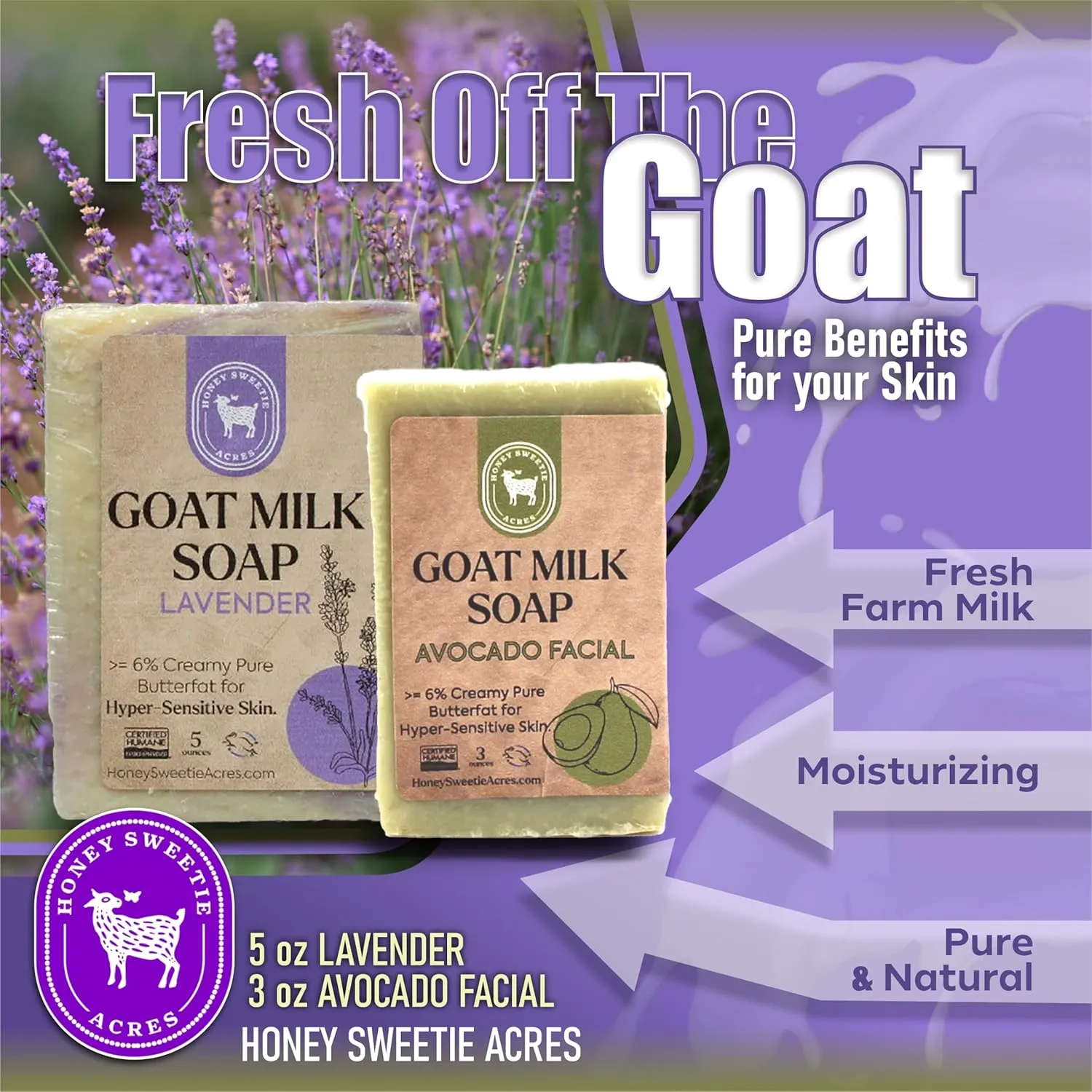 Honey Sweetie Acres Fresh of the Goat Face and Body Soap Bundle – 3 oz Avocado Facial Bar   5 oz Hydrating Lavender Goat Milk Soap – Handcrafted and Made in USA