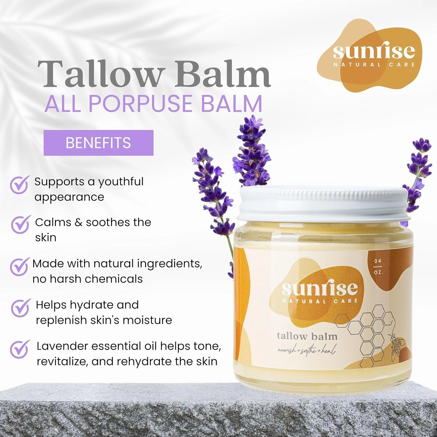 Honey and Tallow Balm - Body and Face Moisturizer - 100% Grass Fed Beef Tallow - 4 Ounces - Lavender