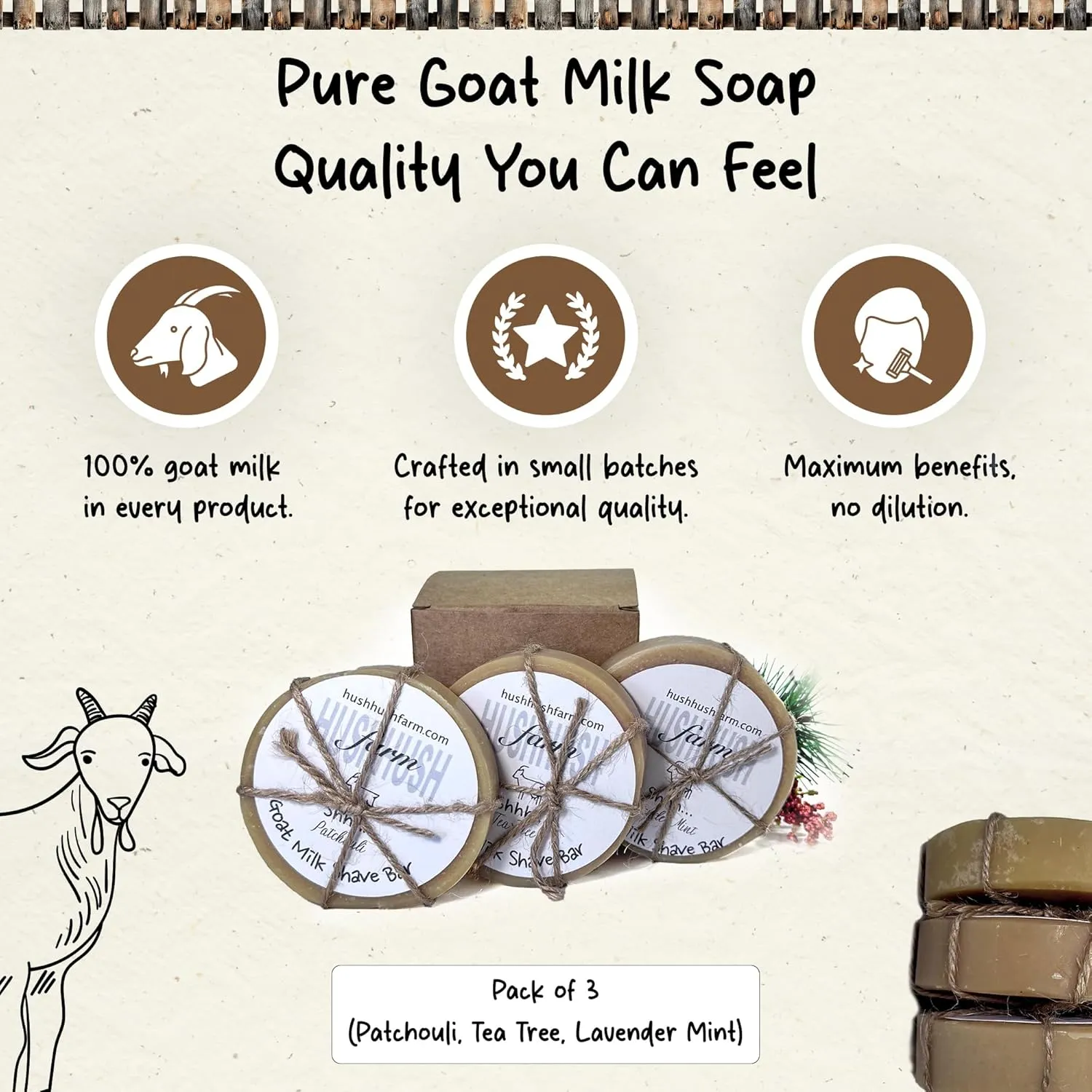HushHush Farms Shaving Soap for Men | Handmade with Goat Milk, Olive Oil & Cocoa Butter | Plastic-Free | Pack of 3 (Patchouli, Tea Tree, Lavender Mint)