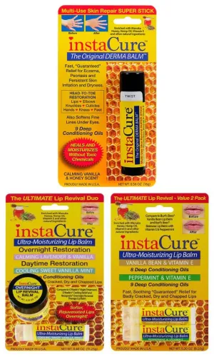 InstaCure Value 3-Pack | Derma Balm Jumbo Tube with Manuka Honey & Vanilla Bean, Peppermint & Vitamin E Lip Balm, and Lavender & Vanilla Overnight Lip Mask | Hydrating Skincare Set for Lips & Dry Areas