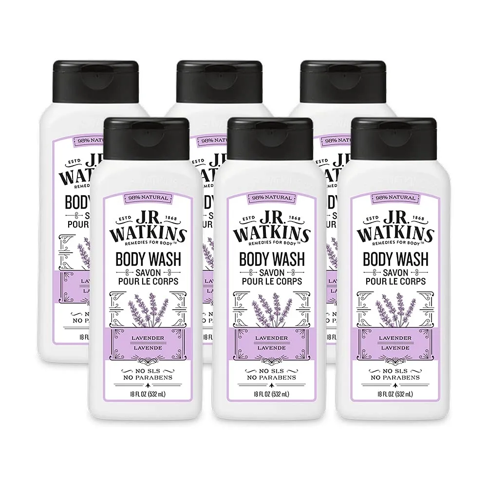 J.R. Watkins Natural Daily Moisturizing Body Wash, Hydrating Shower Gel for Men and Women, Free of SLS, USA Made and Cruelty Free, Lavender, 18 fl oz, 6 Pack