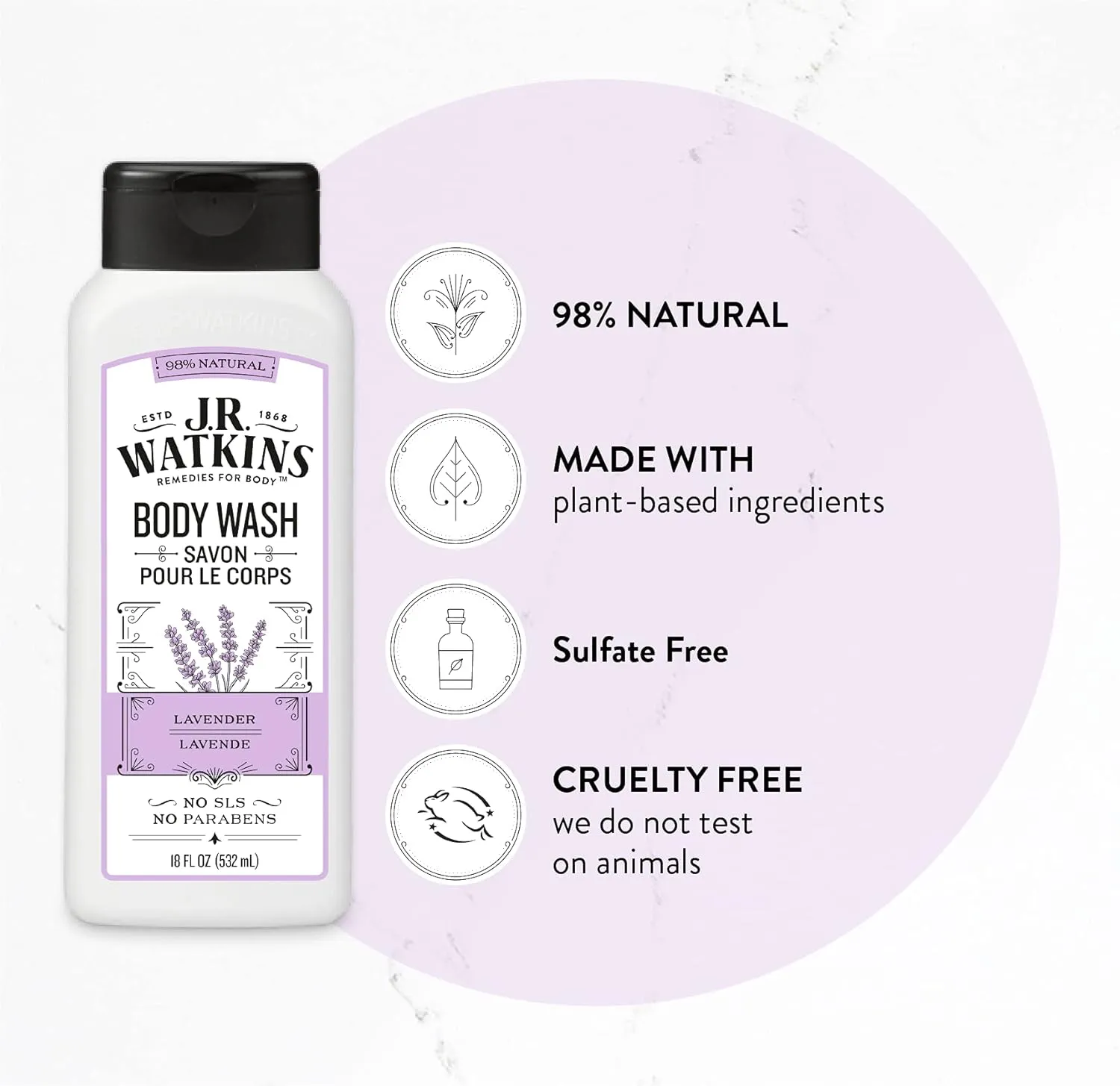 J.R. Watkins Natural Daily Moisturizing Body Wash, Hydrating Shower Gel for Men and Women, Free of SLS, USA Made and Cruelty Free, Lavender, 18 fl oz, 6 Pack