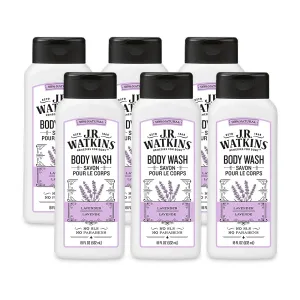 J.R. Watkins Natural Daily Moisturizing Body Wash, Hydrating Shower Gel for Men and Women, Free of SLS, USA Made and Cruelty Free, Lavender, 18 fl oz, 6 Pack