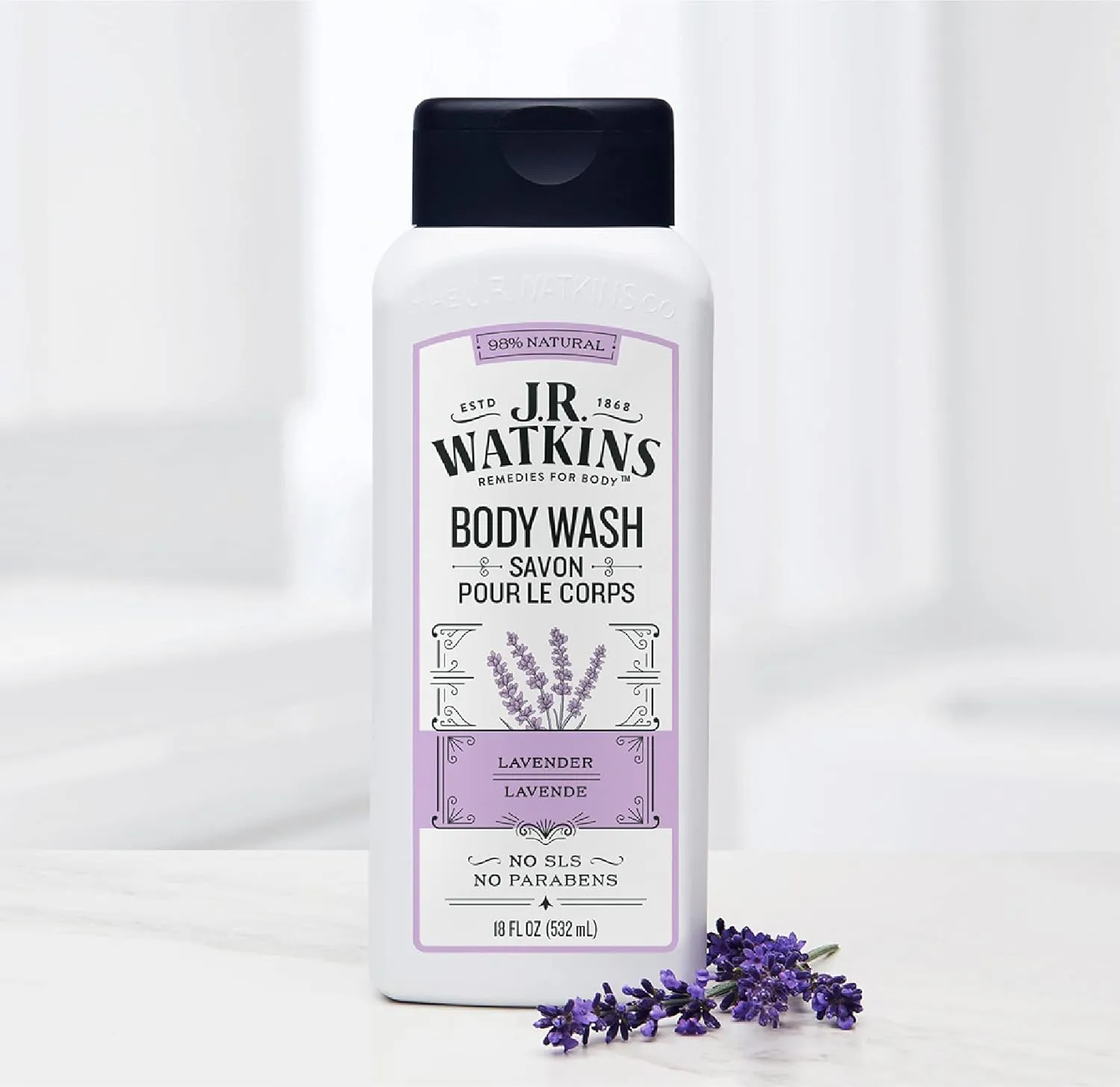 J.R. Watkins Natural Daily Moisturizing Body Wash, Hydrating Shower Gel for Men and Women, Free of SLS, USA Made and Cruelty Free, Lavender, 18 fl oz, 6 Pack