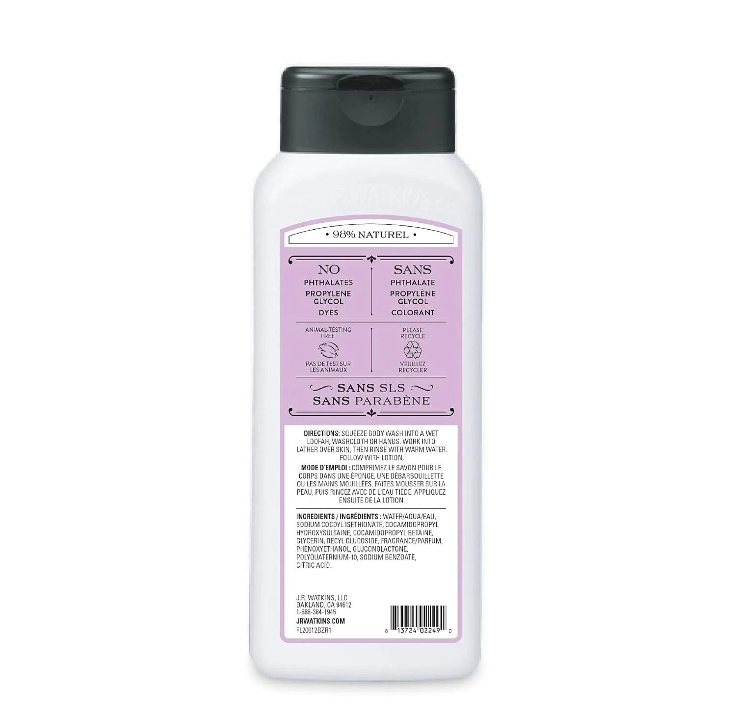 J.R. Watkins Natural Daily Moisturizing Body Wash, Hydrating Shower Gel for Men and Women, Free of SLS, USA Made and Cruelty Free, Lavender, 18 fl oz, 6 Pack