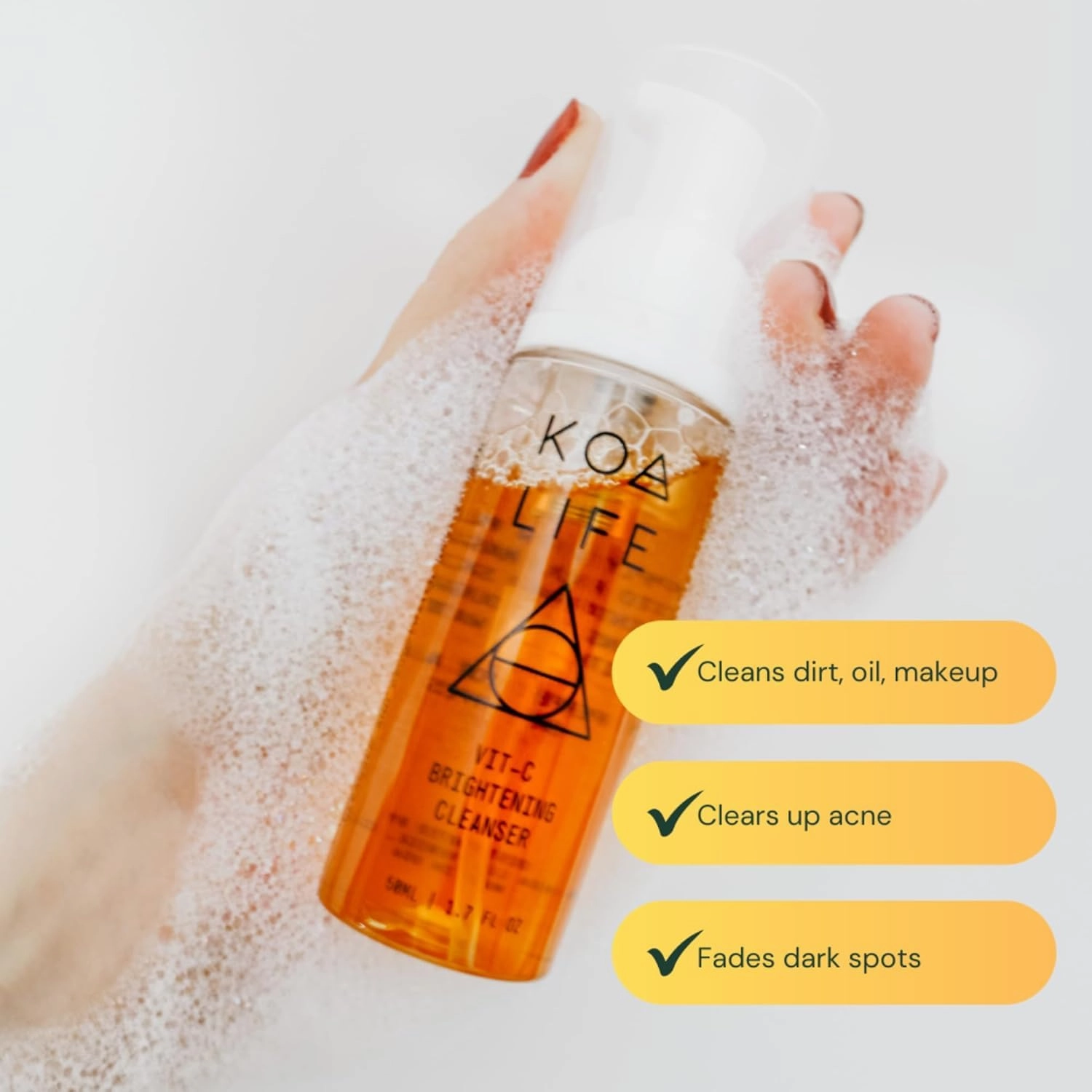 KOA LIFE Vit-C Brightening Facial Cleanser XL - Vitamin C Facial Wash, Skin Illuminating Face Wash, Gentle Foam Cleanser, Vegan - 3.38 Fl Oz
