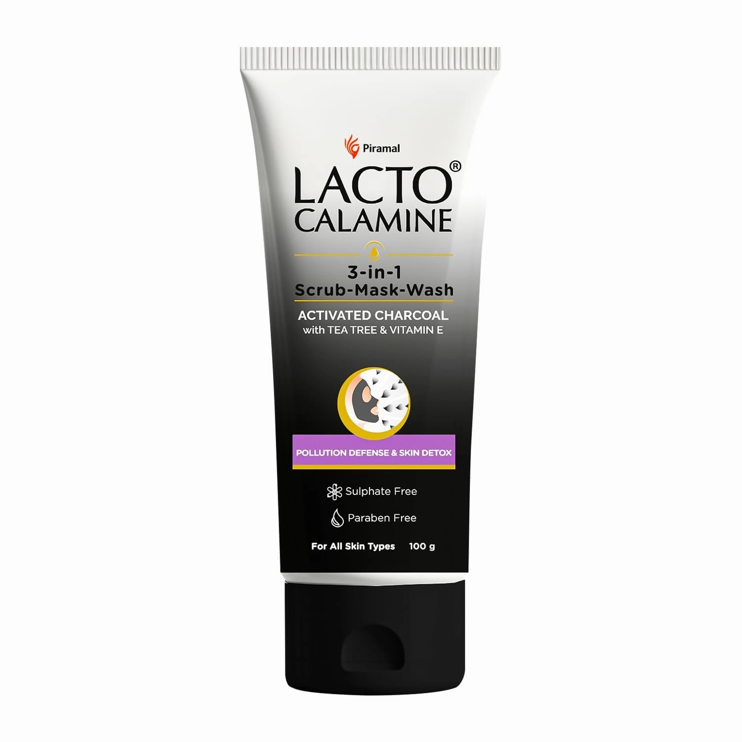 Lact'o Calamin'e 3-in-1 Charcoal Face Scrub-Mask-Wash for Pollution Defence | 100 ml x 1 | Multi-action Encapsulated Charcoal Face Wash, Face Scrub.