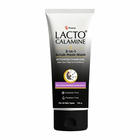 Lacto Calamine 3-in-1 Charcoal Face Scrub-Mask-Wash for Pollution Defence | 100 ml x 1 | Multi-action Encapsulated Charcoal Face Scrub with Kaolin Clay, Tea Tree Oil & Vitamin E