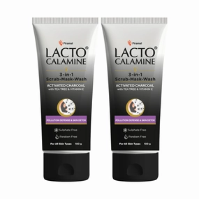 Lacto's Calamine 3-in-1 Charcoal Face Scrub-Mask-Wash for Pollution Defence 100 ml x 2 Multi-action Encapsulated Charcoal Face Wash, Face Scrub, Face Mask with Kaolin Clay, Tea Tree Oil & Vitamin E