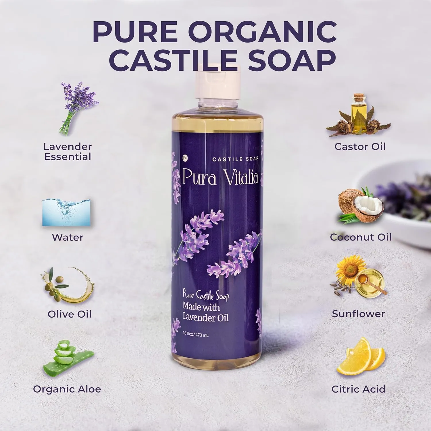 Lavender Pure Castile Soap Liquid with Olive Oil & Essential Oils; for Face Wash, Hand, Body, Laundry, and Beyond, Eco-friendly & fully Biodegradable Organic Castile Soap, 32 fl oz.