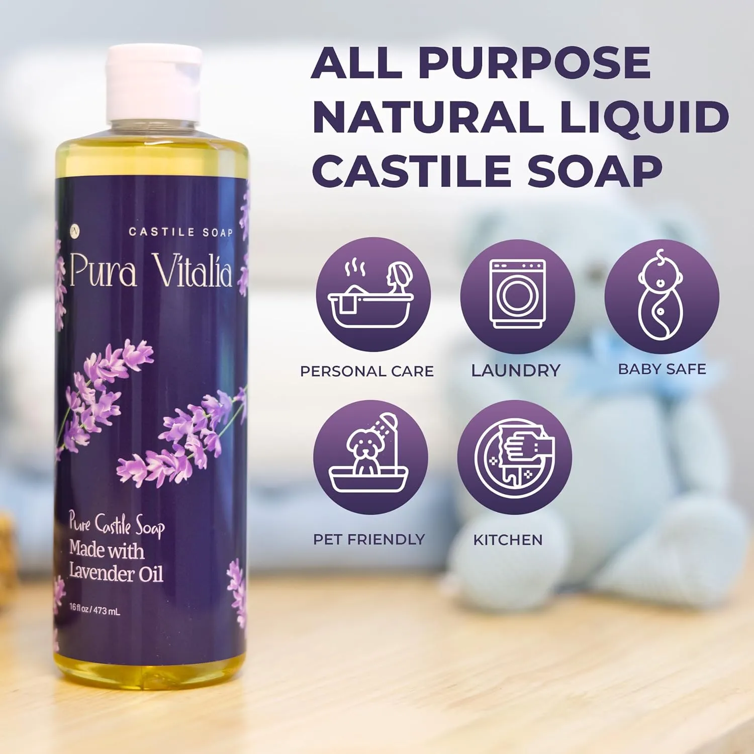 Lavender Pure Castile Soap Liquid with Olive Oil & Essential Oils; for Face Wash, Hand, Body, Laundry, and Beyond, Eco-friendly & fully Biodegradable Organic Castile Soap, 32 fl oz.