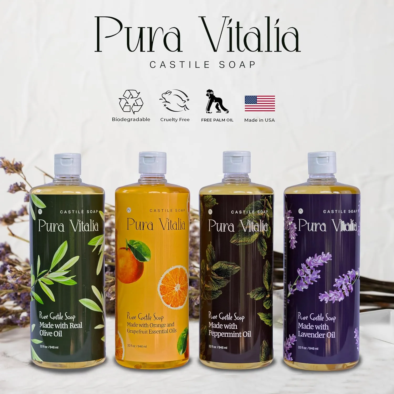 Lavender Pure Castile Soap Liquid with Olive Oil & Essential Oils; for Face Wash, Hand, Body, Laundry, and Beyond, Eco-friendly & fully Biodegradable Organic Castile Soap, 32 fl oz.
