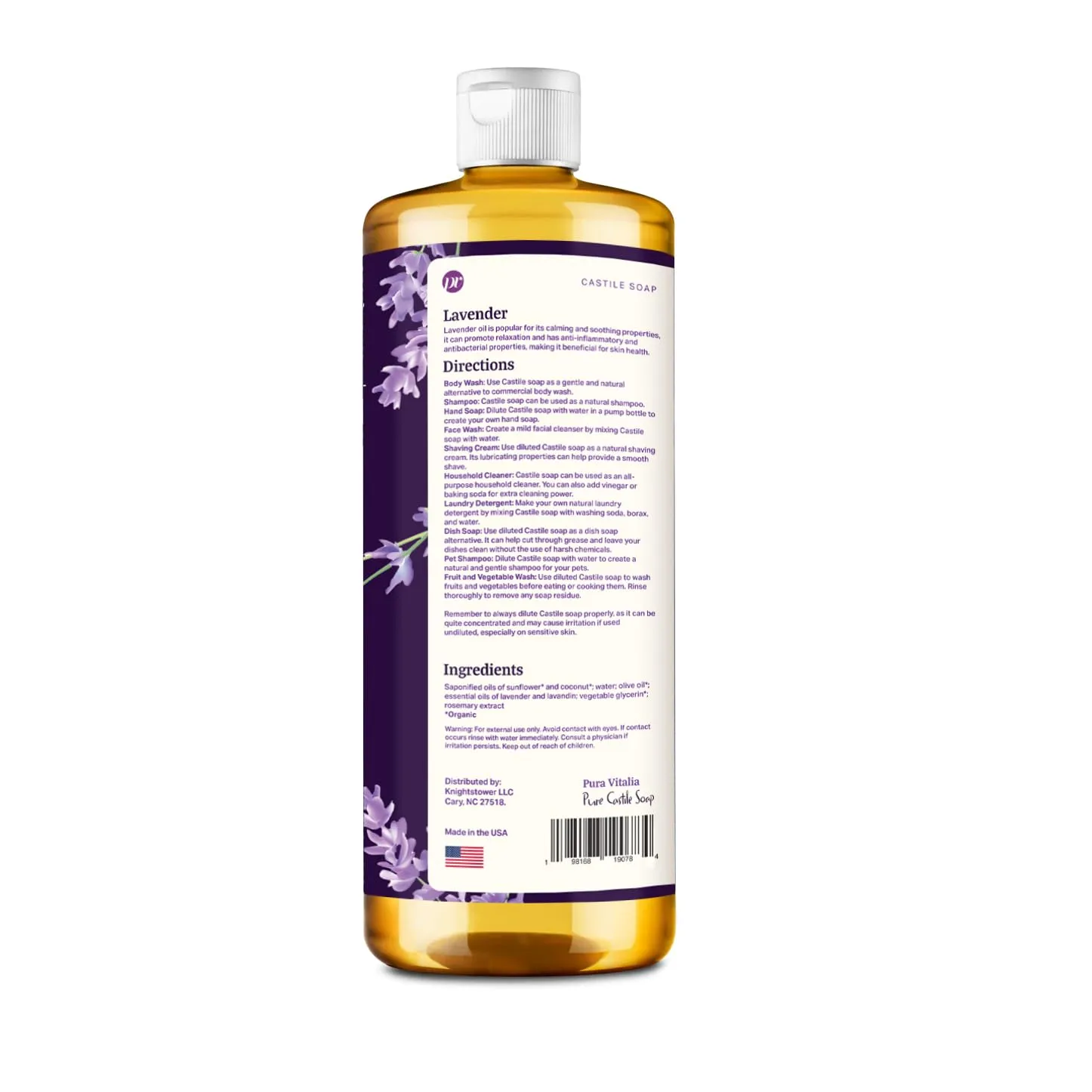 Lavender Pure Castile Soap Liquid with Olive Oil & Essential Oils; for Face Wash, Hand, Body, Laundry, and Beyond, Eco-friendly & fully Biodegradable Organic Castile Soap, 32 fl oz.