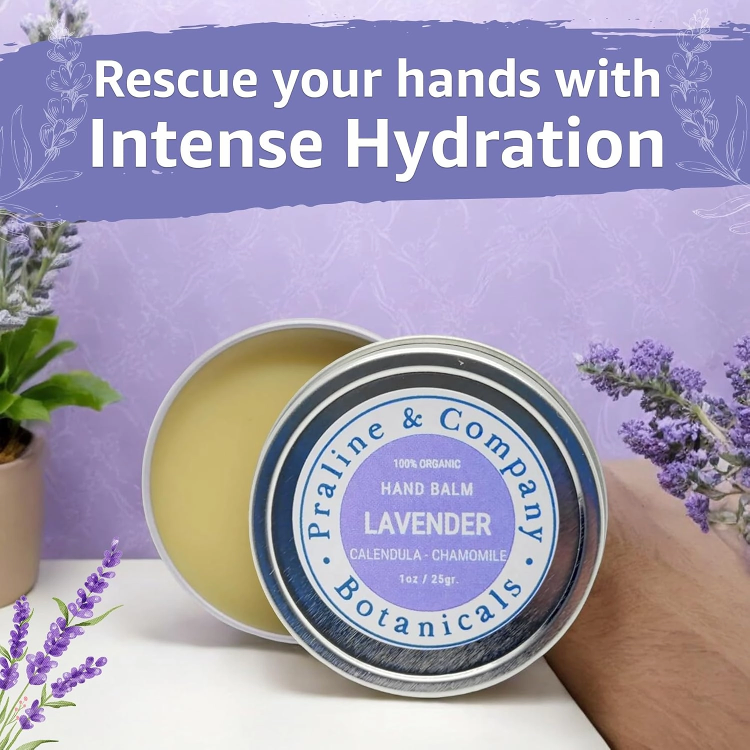 Lavender Hand Balm - Hydrating Hand Moisturizer for Chapped, Dry Hands - Organic & Plant-Based Hand Care - Handmade Salve Ointment with Lavender, Calendula & Chamomile Flowers - 2oz