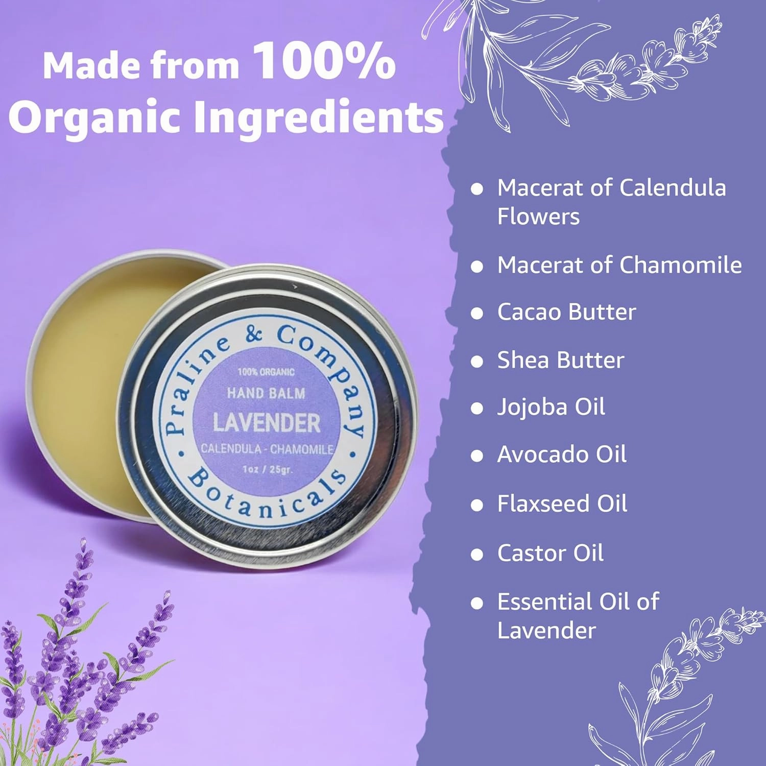 Lavender Hand Balm - Hydrating Hand Moisturizer for Chapped, Dry Hands - Organic & Plant-Based Hand Care - Handmade Salve Ointment with Lavender, Calendula & Chamomile Flowers - 2oz