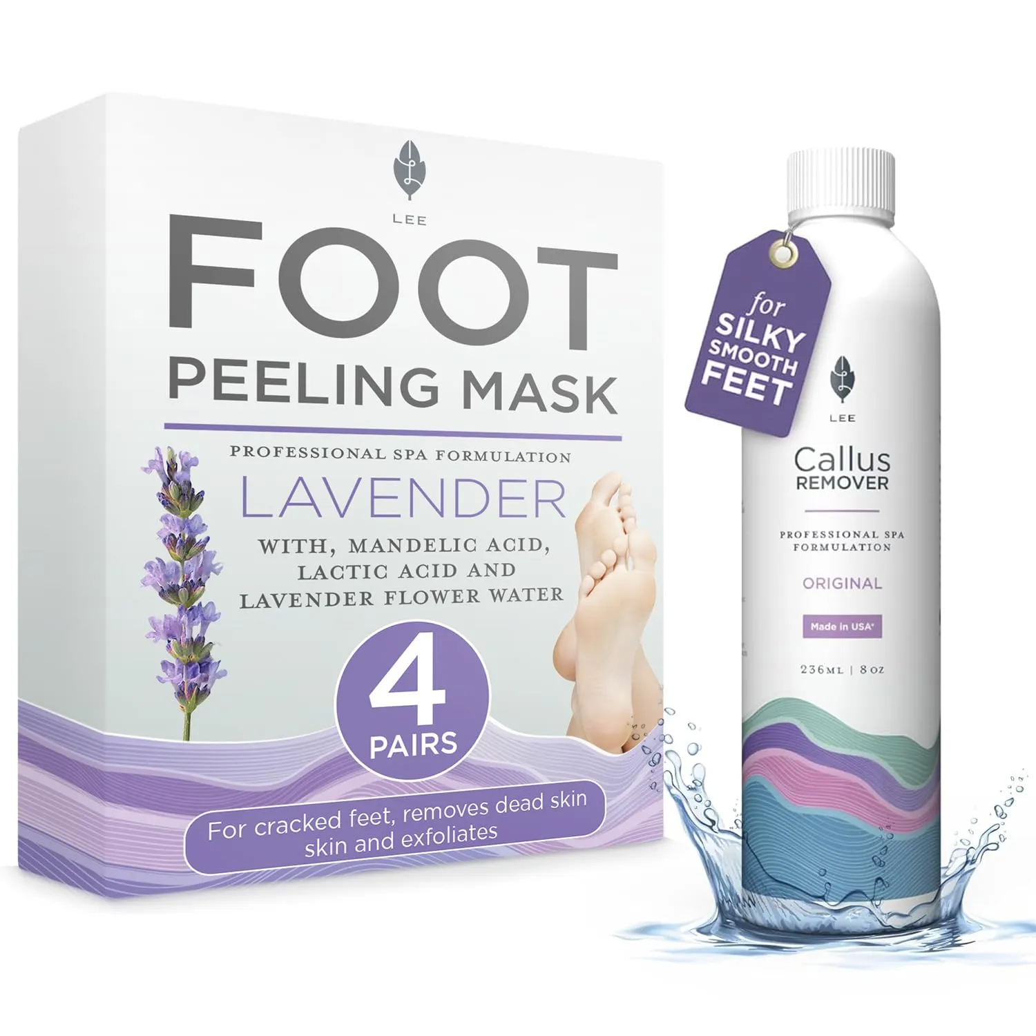 Lee Beauty Professional Callus Remover for Feet (8 Oz) and Exfoliating Foot Peeling Mask (4 Pack) - Home Pedicure, Foot Spa Results. For Cracked & Dead Dry Skin