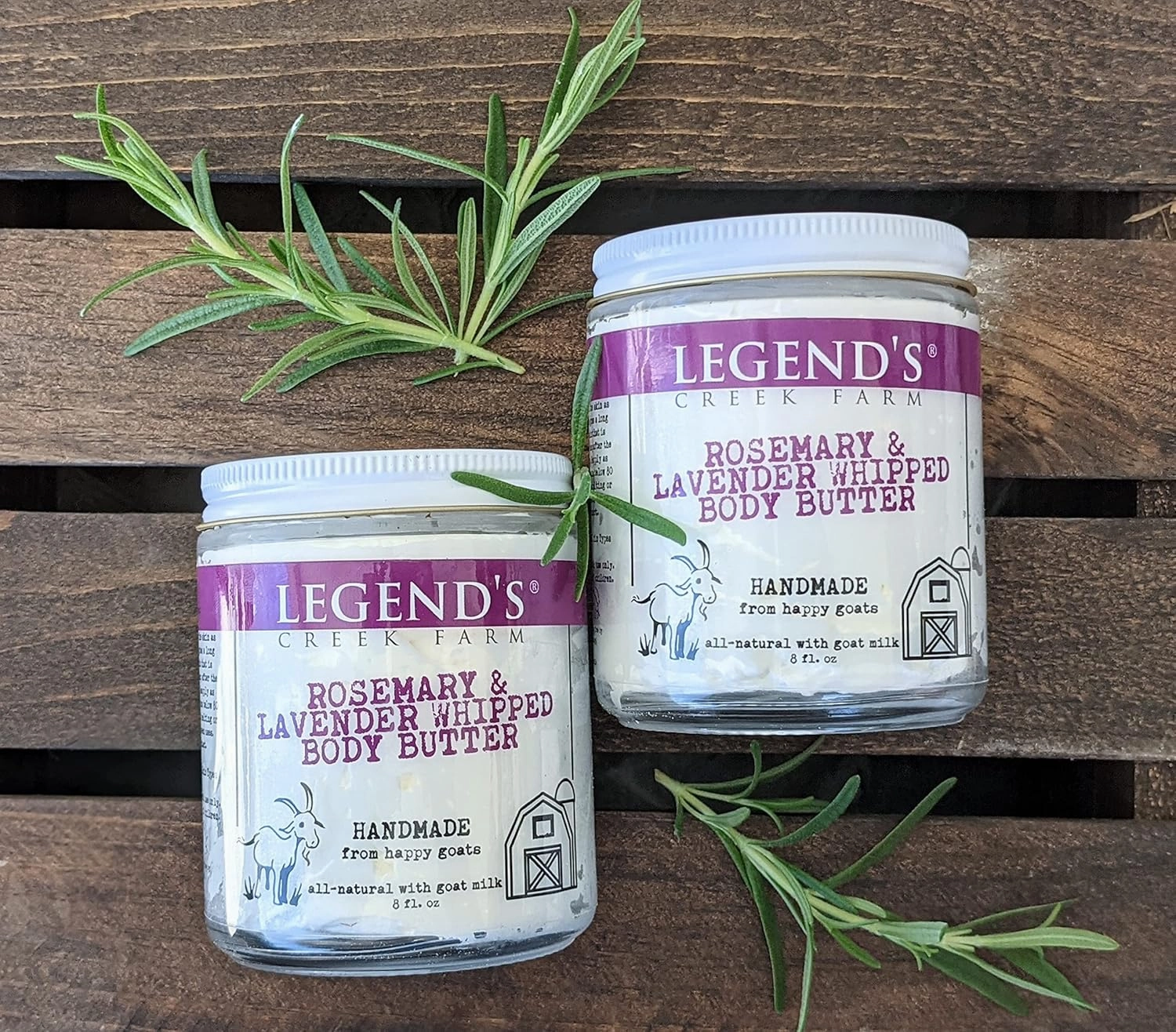 Legend's Creek Farm, Goat Milk Body Butter - Hydrating Natural Body Moisturizer with Organic Shea Butter & Grape Seed Oil - 8 Oz Purifying & Toning Whipped Body Butter (Rosemary & Lavender)