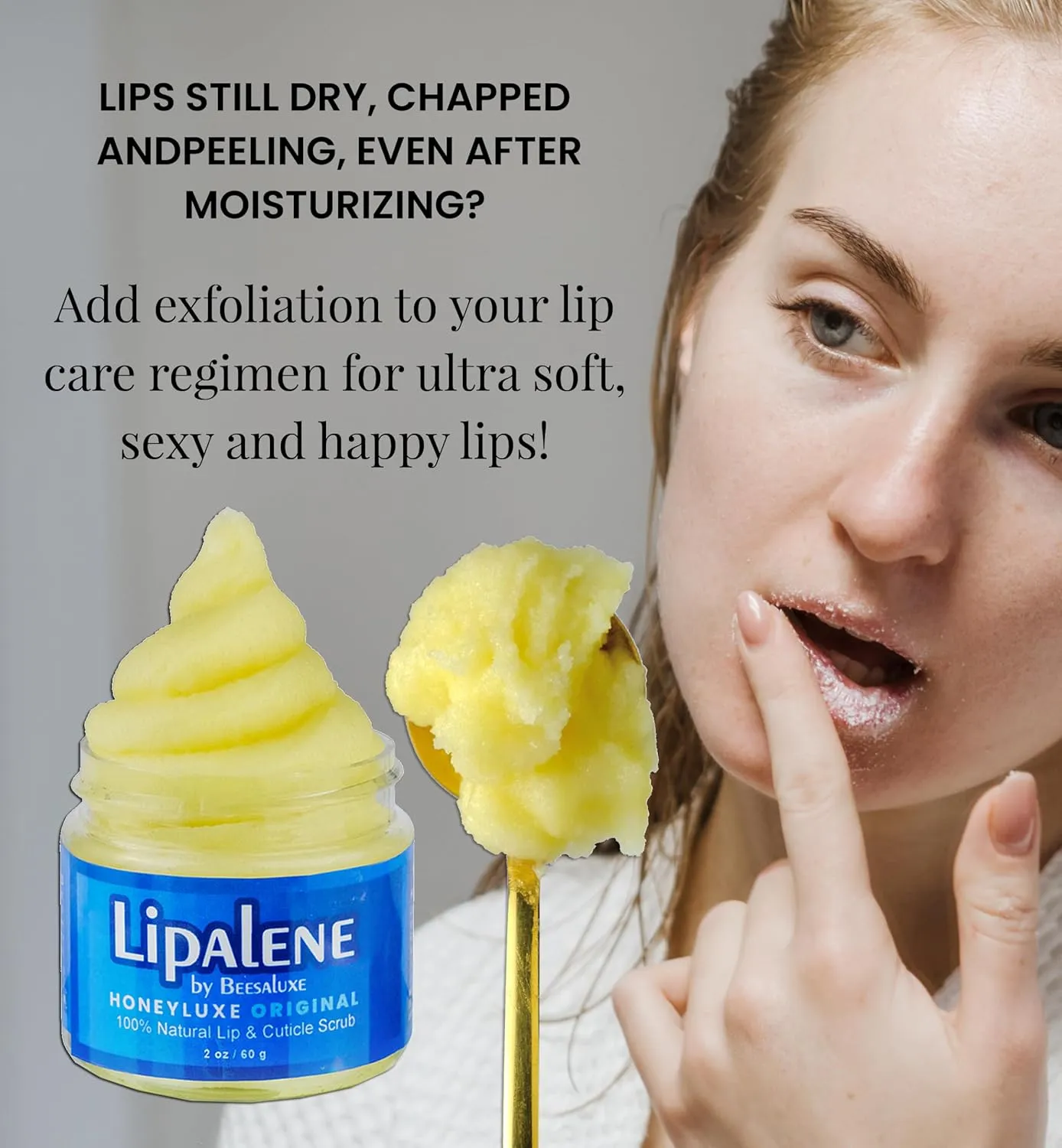 Lipalene HoneyLuxe - 100% Natural Lip & Cuticle Scrub - Hypoallergenic (Original) (2 oz, Original (Unscented))