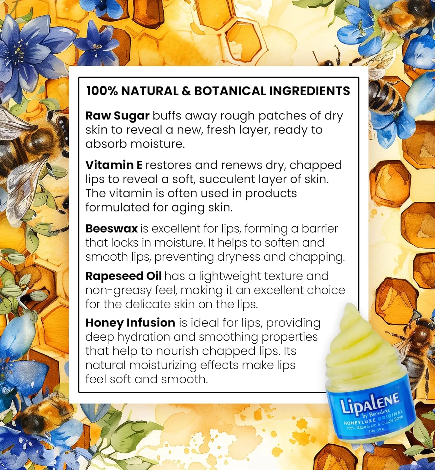 Lipalene HoneyLuxe - 100% Natural Lip & Cuticle Scrub - Hypoallergenic (Original) (2 oz, Original (Unscented))