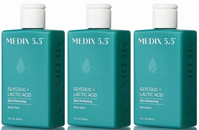 MEDIX Glycolic Acid   Lactic Acid Exfoliating Body Wash Gel | KP Bump Eraser | AHA Exfoliant Skin Care Body Cleanser | Keratosis Pilaris & Acne | Foaming Face Wash, 3 Fl Oz Travel Size, 3-Pack