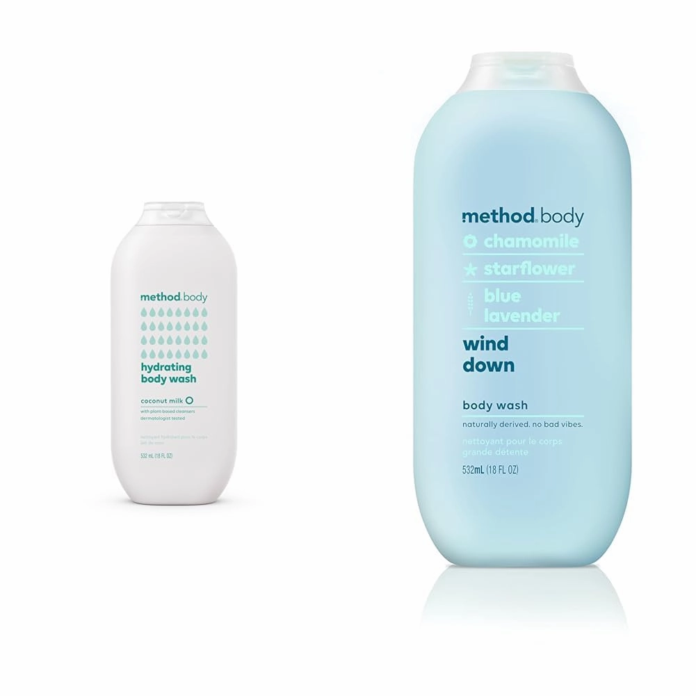 Method Body Wash Coconut Milk Paraben Free 18 oz & Wind Down Body Wash Chamomile Lavender Paraben Free 18 oz Bundle